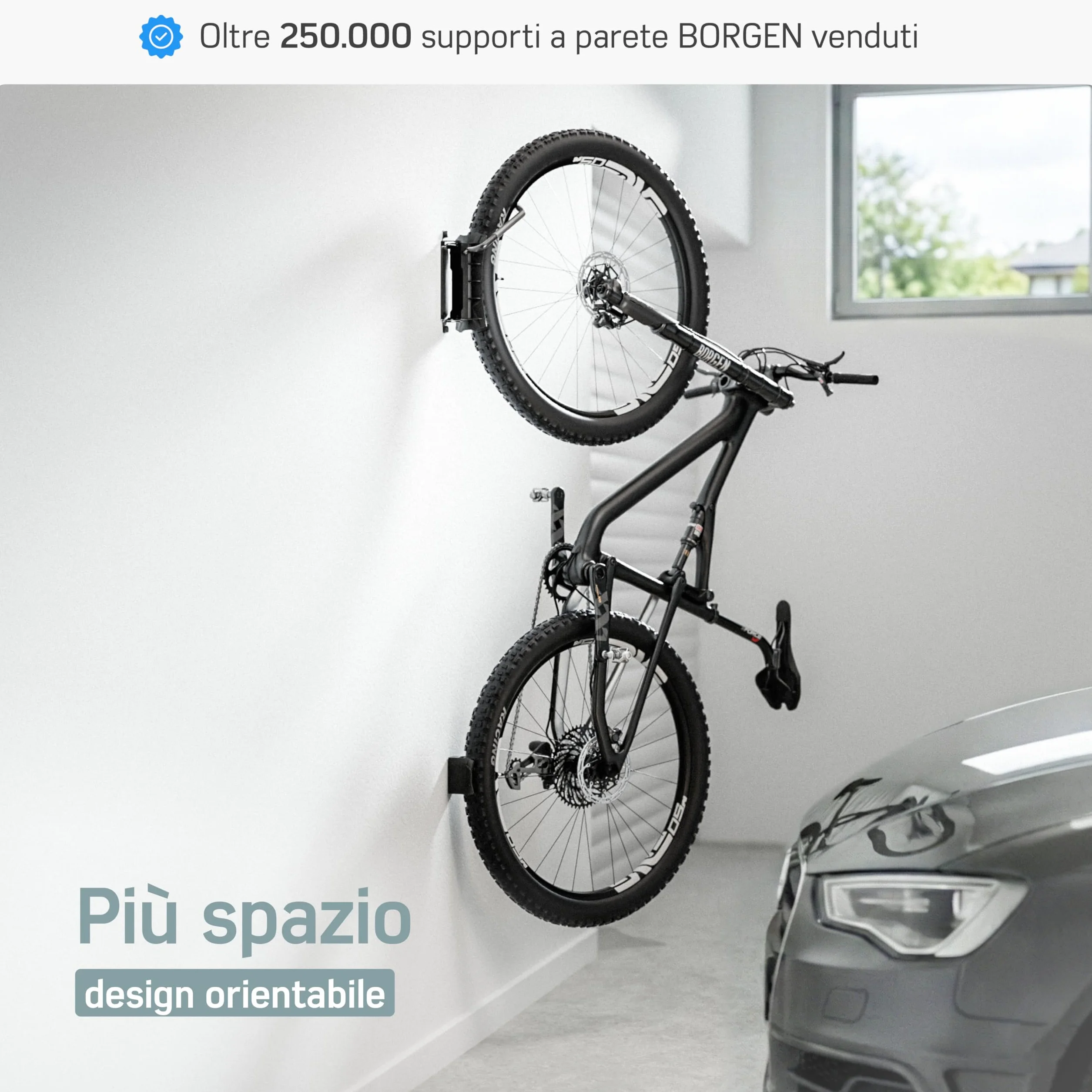 Borgen Portabici da Muro Girevole 35 kg – Supporto bici verticale salvaspazio – Incl. tasselli Fischer DuoPower