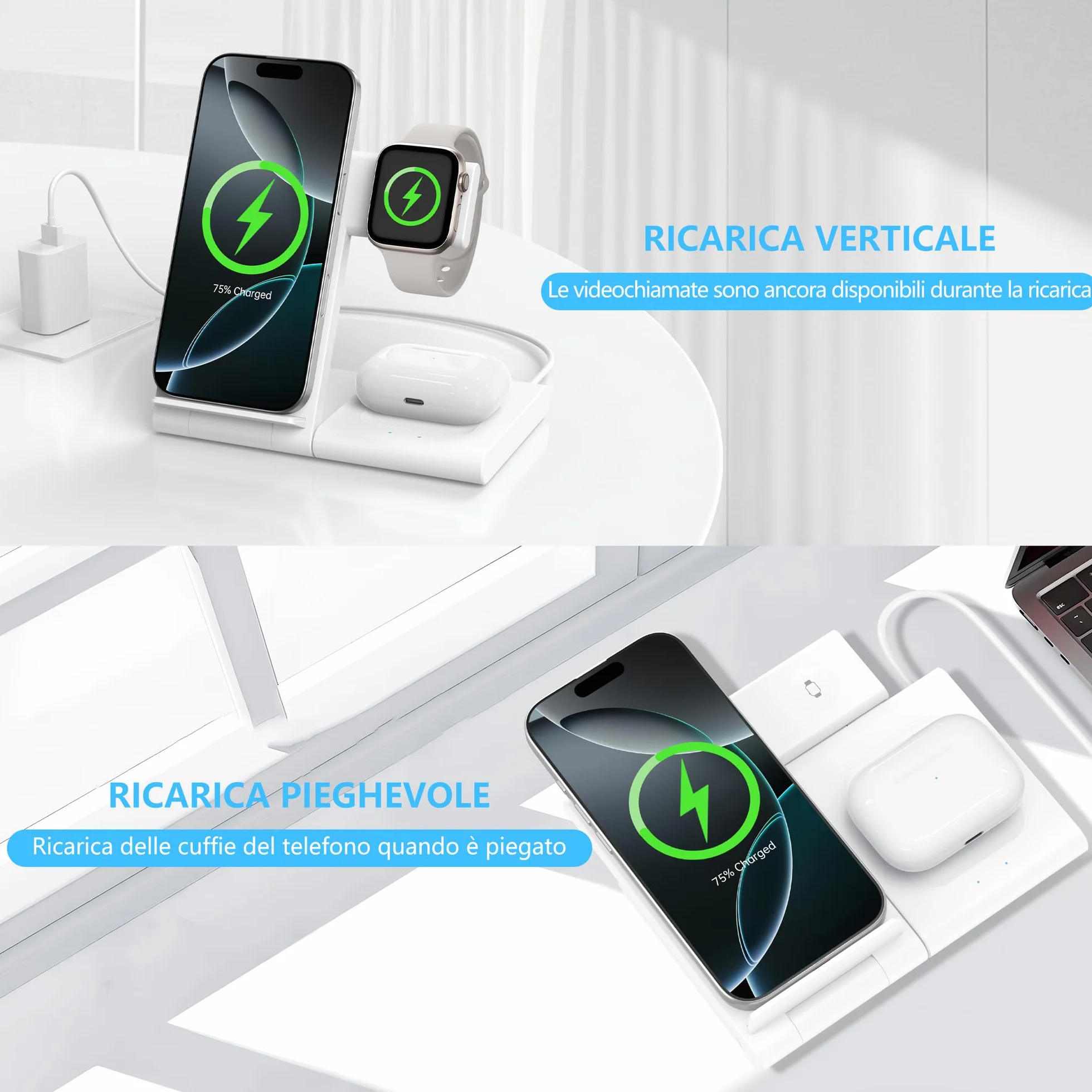 Caricatore Wireless Apple 3 in 1, Stazione di Ricarica Rapida per iPhone 17/16/15/14/13/12/11/Pro/Max/Plus, Apple Watch Ultra 3/11/10/9/8/7/6/SE 3, per AirPods Pro 3/4/3/2