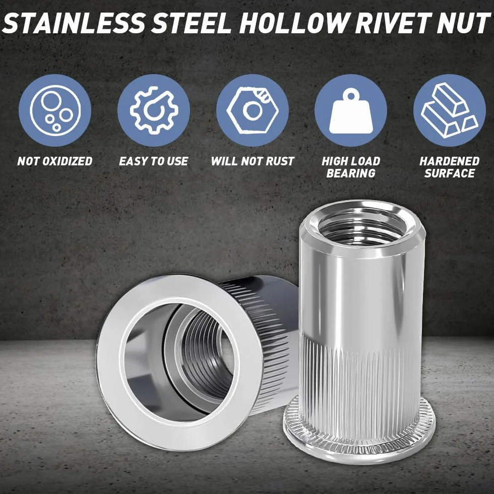 100 Pezzi Dadi Rivetti Filettati in Acciaio Inox M8 Inserti Filettati a Testa Piatta Per Pannelli in Metallo e Plastica