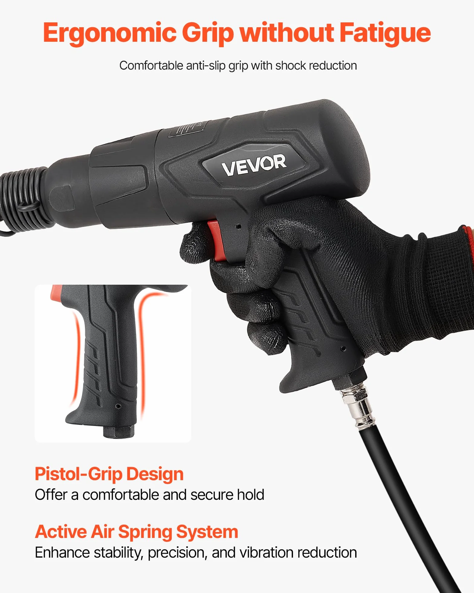 VEVOR Martello Pneumatico 2500-2700 Colpi/min, Corsa 7 cm, 4 Scalpelli 17 cm