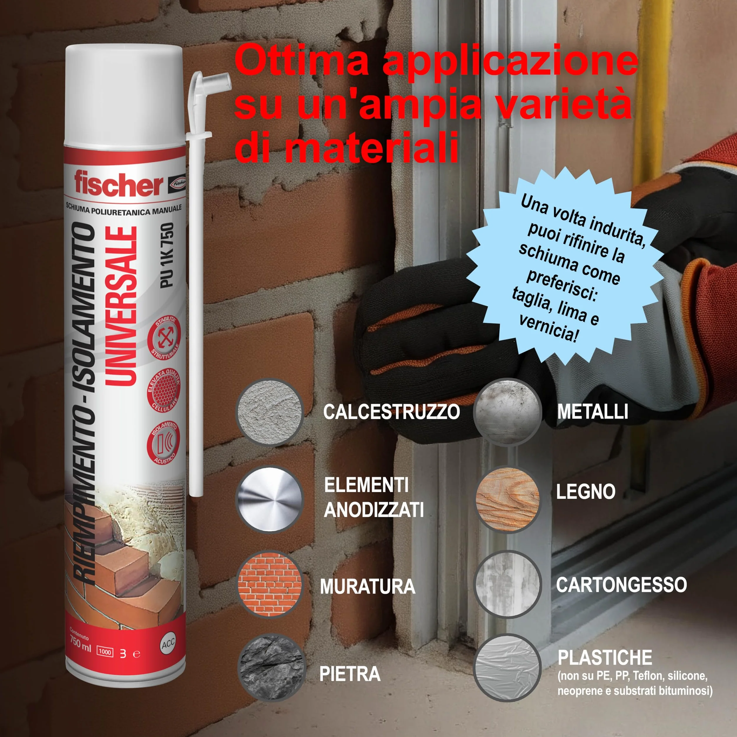 Fischer Bi-Pack Schiuma Poliuretanica Universale Espansa PU 1K 2x 750 ml