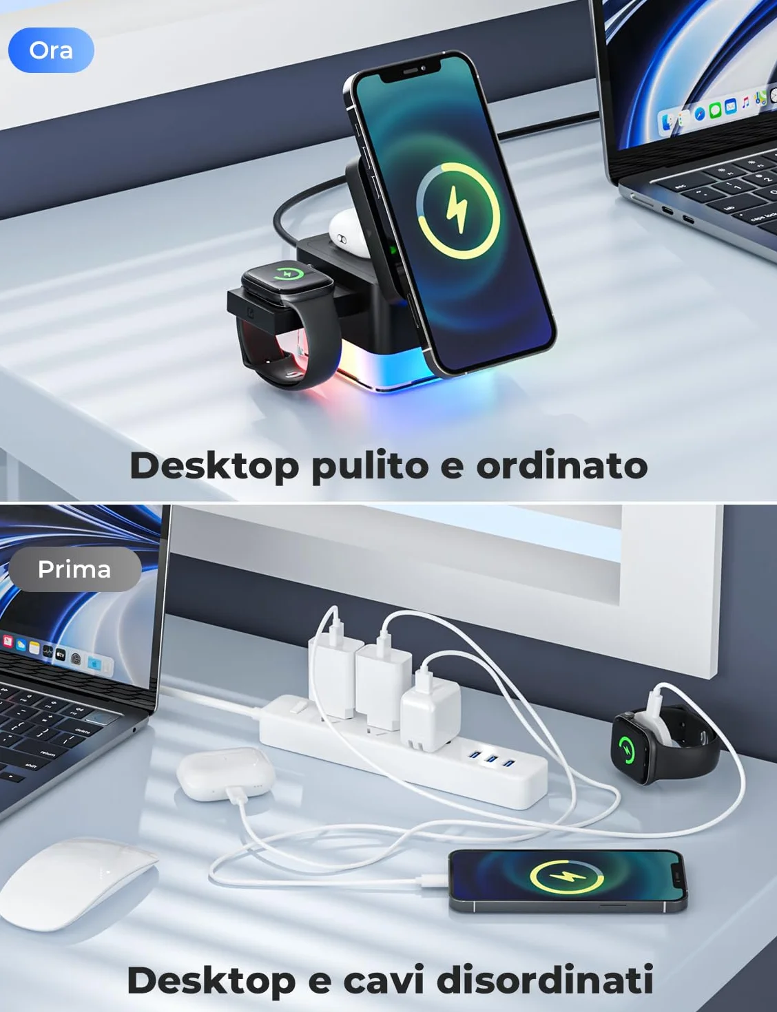 Caricatore Wireless 4 in 1, Qi Ricarica Rapida, Caricatore Compatibile Con Lampada da Comodino, per iPhone Serie 12/13/14/15/16, Airpods 2/3/Pro, iWatch
