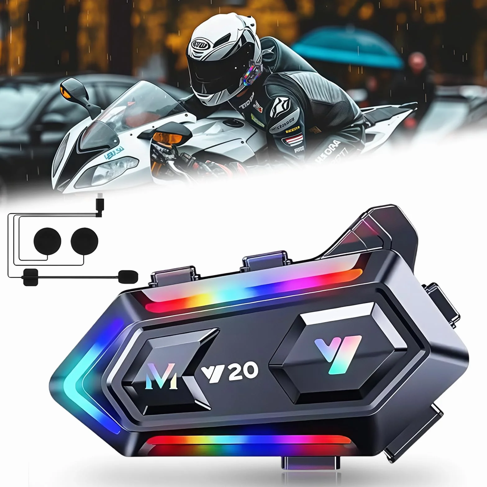 flintronic Casco Moto Auricolare, Y20 Cuffie per Caschi da Moto per Persona Singola Wireless 5.3 Impermeabile IPX6 Cancellazione, luci RGB abbaglianti, Per Pilota Singolo