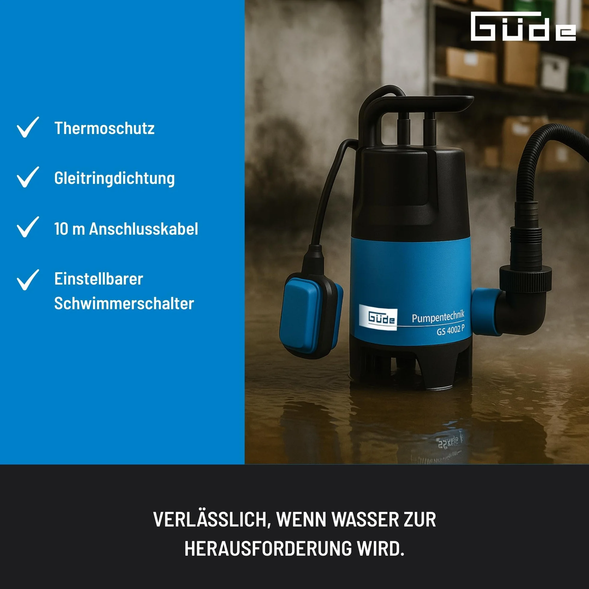Güde 94630 - GS4002P - Pompa sommergibile per acque luride - Con galleggiante - 400 W - 7500 l/h Altezza massima di erogazione 5 m [Classe energetica A], Blu/Nero