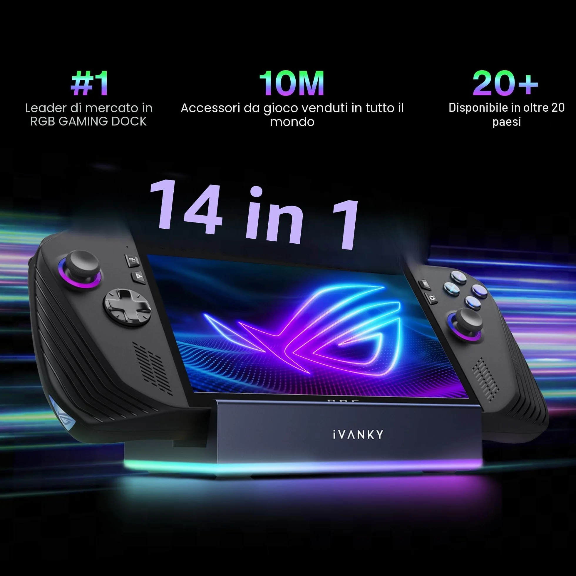 iVANKY 14-in-1 RGB Pieghevole 4K@120Hz ROG Ally X Dock con HDMI 2.1, USB 3.2 10Gbps, Carica USB-C da 100W, Ethernet da 1Gbps, slot SD/TF, Docking Station per Lenovo Legion go/Valve Steam Deck OLED