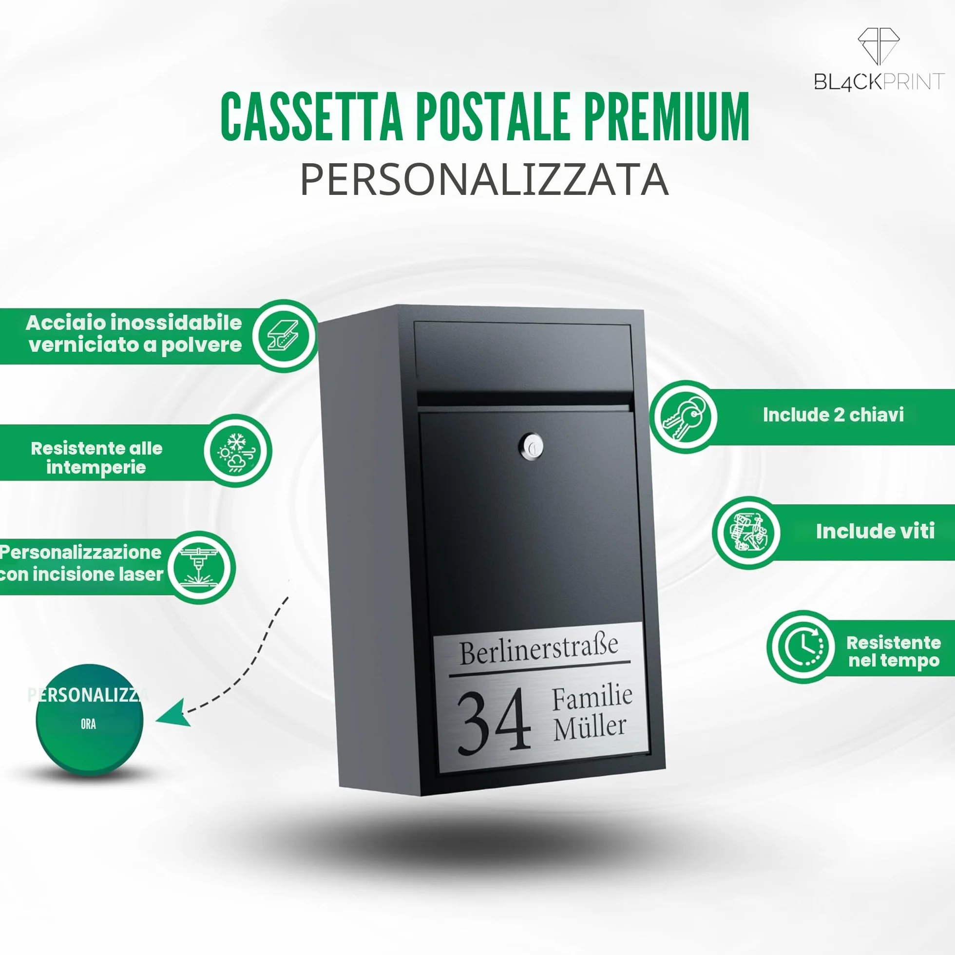 Bl4ckPrint Cassetta delle lettere antracite personalizzabile nome numero civico da parete
