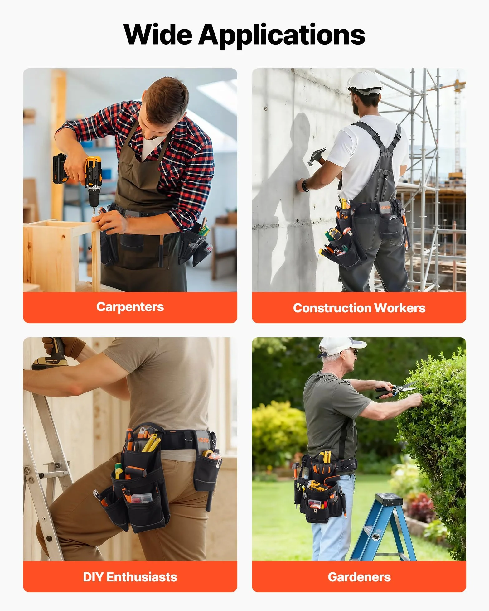 VEVOR Marsupio Porta Attrezzi Elettricista 18 Tasche Borsa Lavoro Staccabile Vita Regolabile 80-131 cm