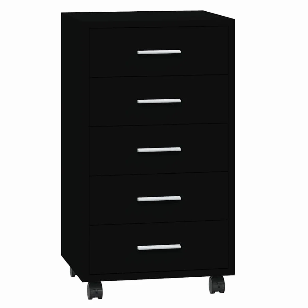 Cassettiera a rotelle nera, 33 x 38 x 63 cm, in legno, alluminio, 5 cassetti, flessibile, ufficio, studio, balcone, cameretta dei bambini
