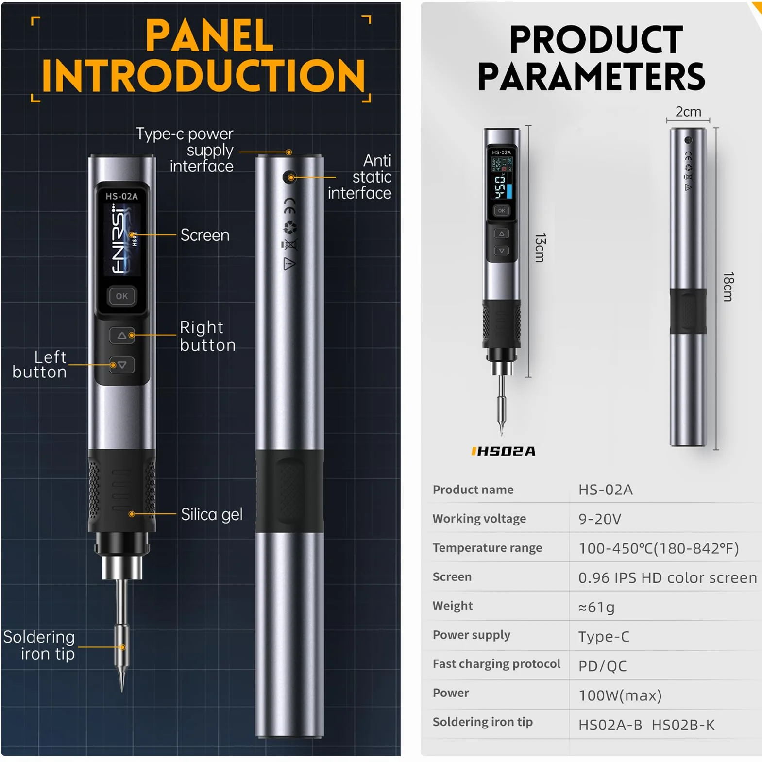 Kit Saldatore HS-02A 100-450°C 100W Intelligente Controllo Temperatura USB PD/QC/DC 9-20V