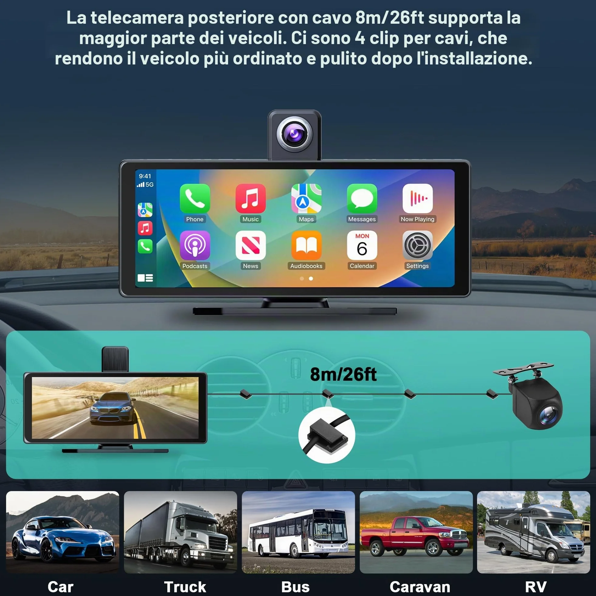 Audio Portatile Per Auto, 10.26" Schermo Carplay,car play per auto android con doppia telecamera anteriore + posteriore 4K 1080P, riproduzione car play wireless con Mirror Link/S-iri/AUX/64G TF