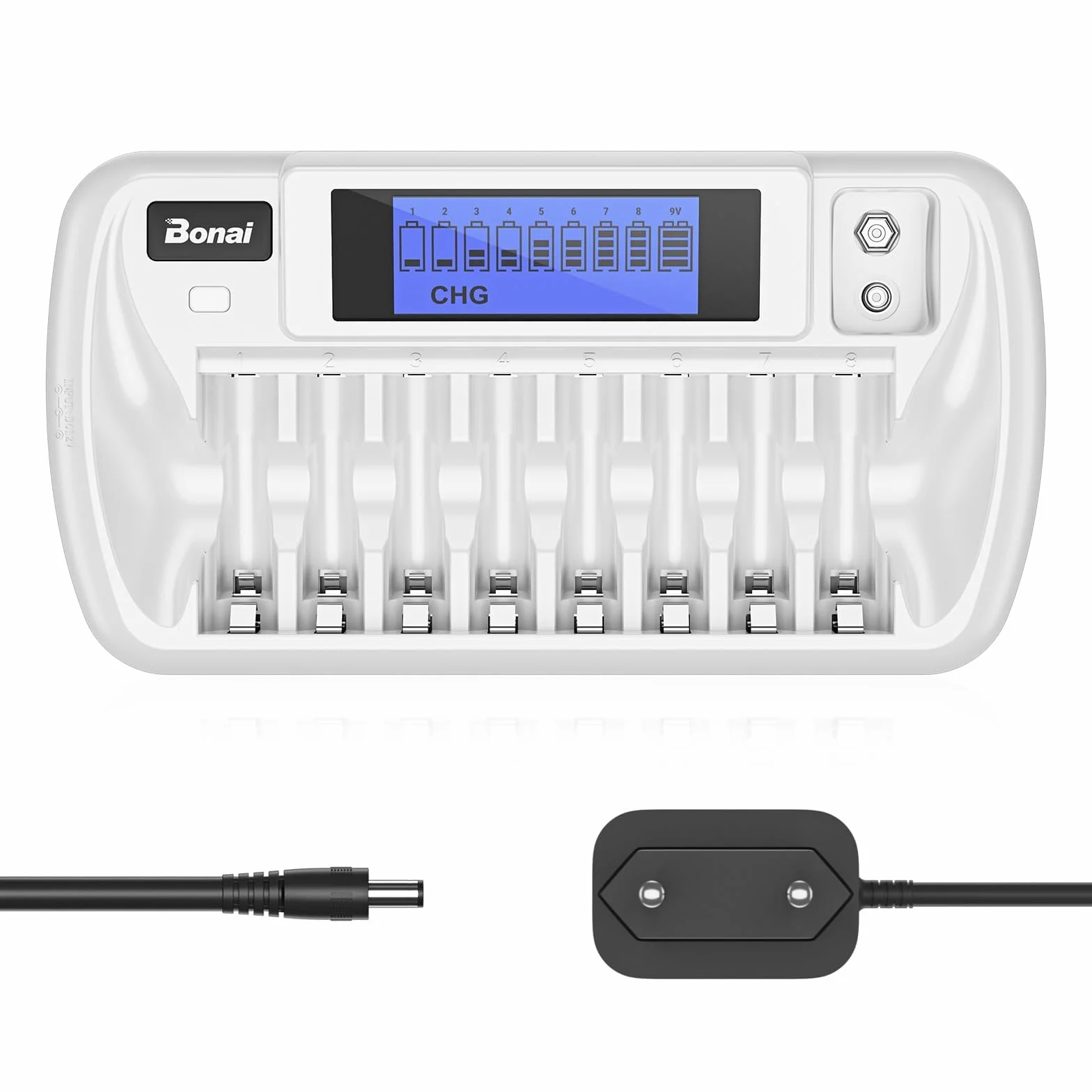 BONAI Caricabatterie Pile Ricaricabili AA AAA e 9V, Carica Batterie a 9 Slot Indipendenti per Ni-MH con Schermo LCD, Ingresso Professionale DC 12V/1A e Funzione di Scarica