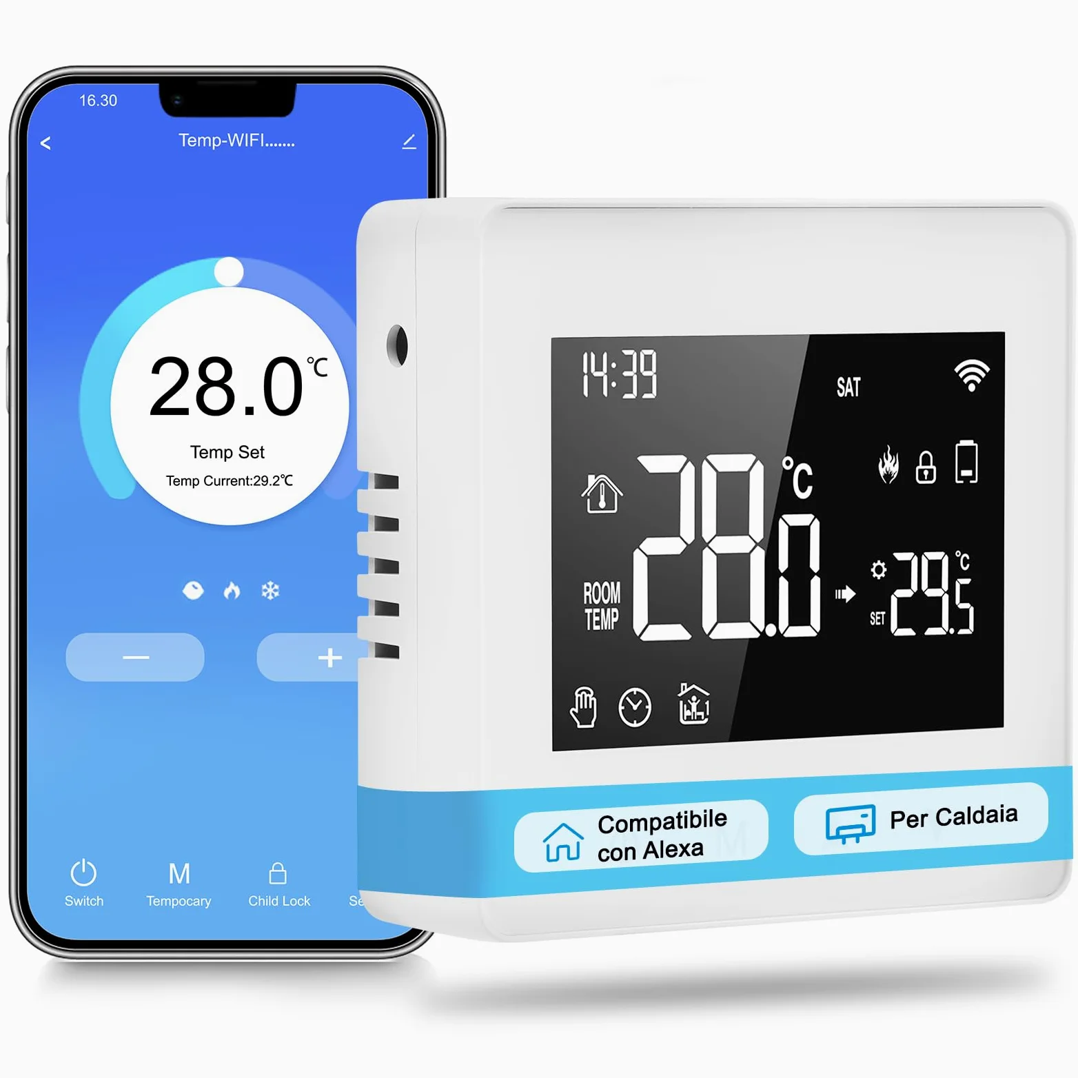 Termostato WiFi, Termostato Caldaia Programmabile, Intelligente 503 da Parete, LCD Digitale Touchscreen, per Alexa e Google Assistant, a Batteria, 3A, Bianco