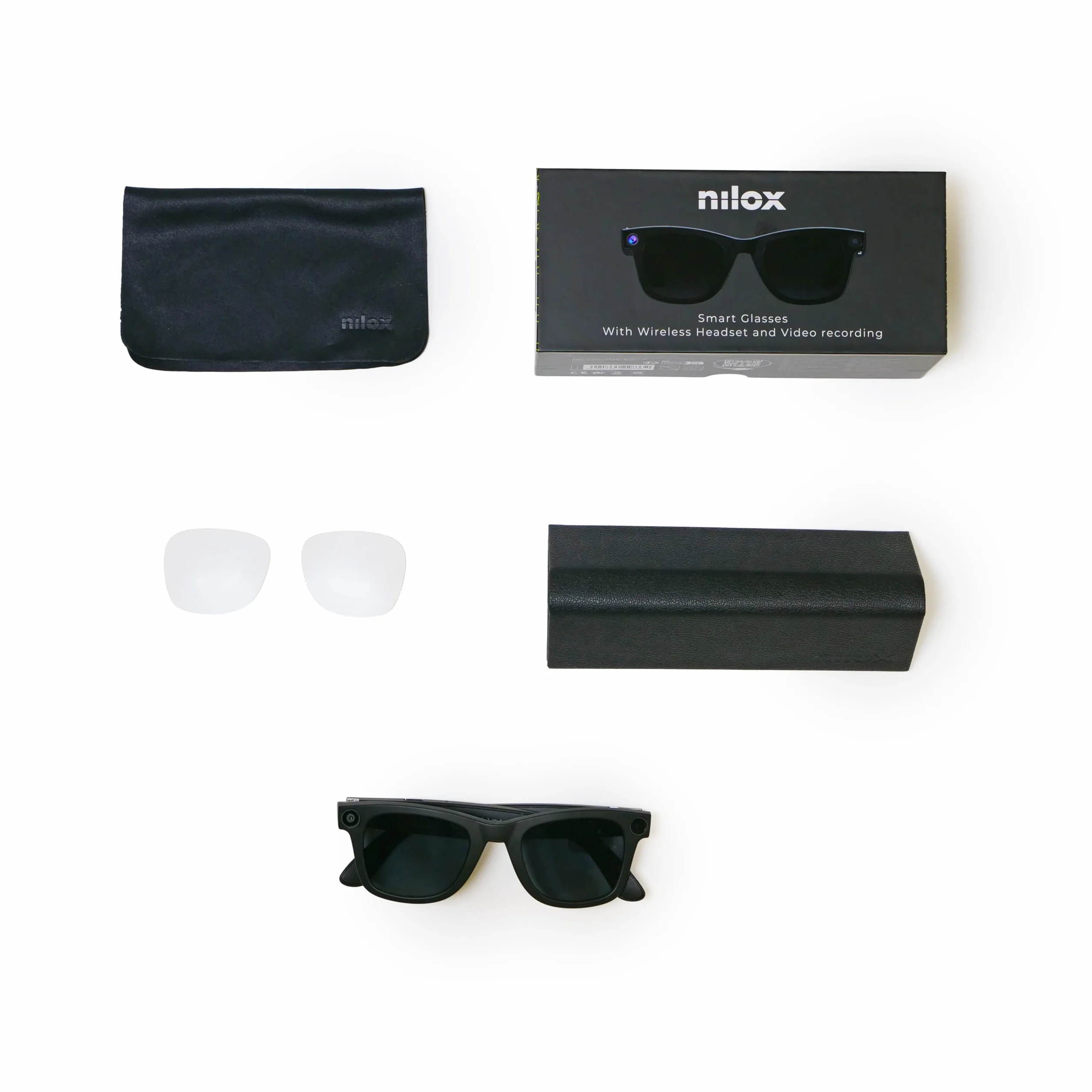 Nilox Occhiali Smart Video con Fotocamera 8MP, Registrazione Full HD 1080p, Audio Open-Ear, Lenti Intercambiabili Trasparenti e Solari, Filtro Luce Blu, Autonomia Fino a 18 Ore