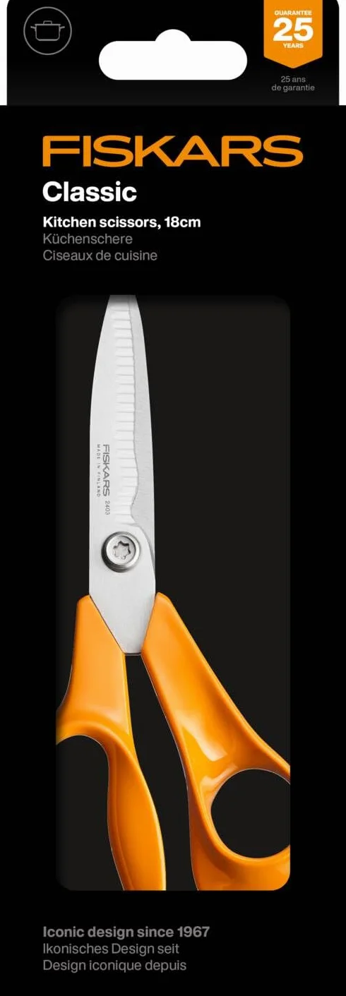 Fiskars Classic Forbici da Cucina, Lame Seghettate, Per Destrimani, Lunghezza Totale: 18,7 cm, Vite Torx Migliorata e Impugnatura più Ergonomica, Qualità Acciaio/Plastica, Arancione, 1075051