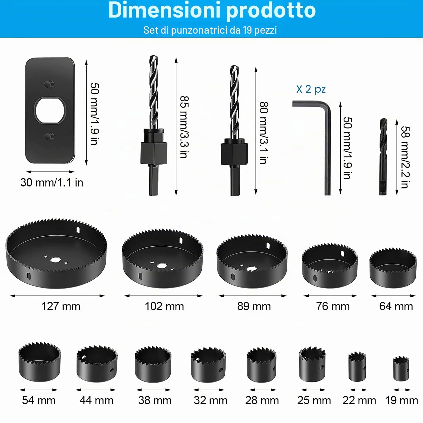 Zestaw 19 seghe a tazza do drewna, karton-gipsu i PVC