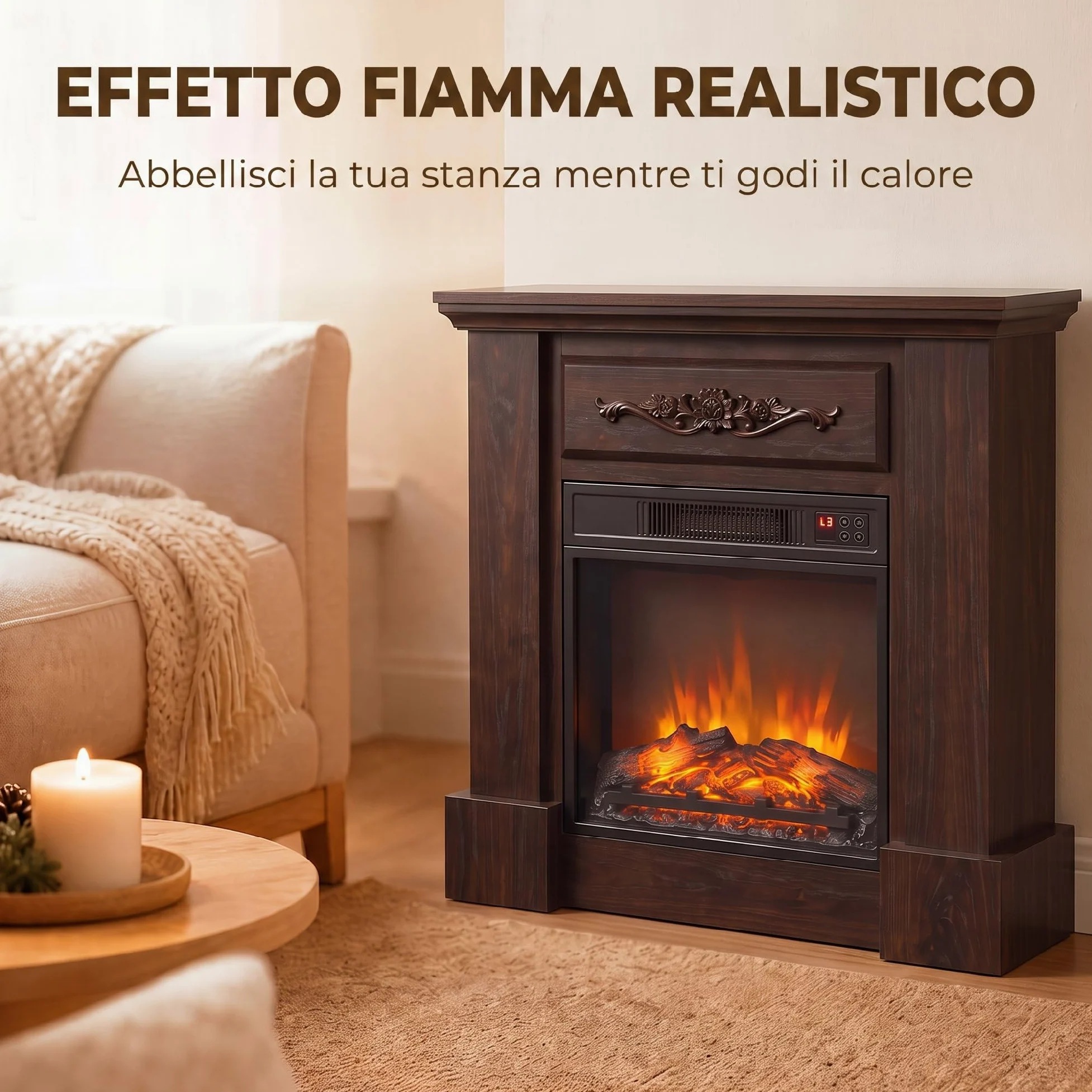 HOMCOM Camino Elettrico Cornice Effetto Fiamma Realistico 1800W Marrone | Caminetto Elettrico da Incasso e Terra, Stufa con Telecomando, Termostato, Timer, Riscaldamento Regolabile, Soggiorno