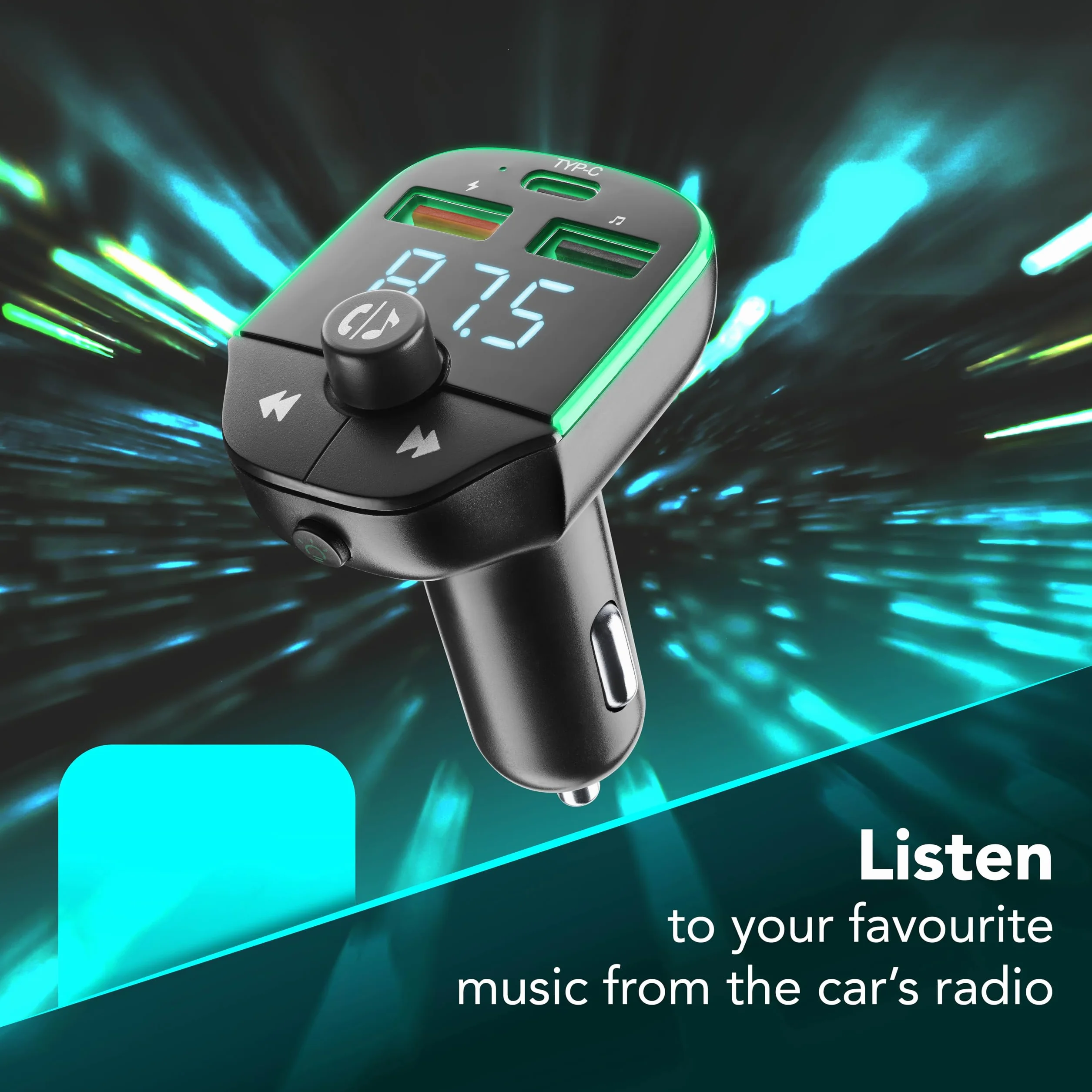 Cellularline - Car FM Transmitter - Trasmettitore FM Bluetooth® per autoradio - USB Music Player - Caricabatterie Auto 20W - Quick Charge 3.0 - Chiamate Hands Free - Luci RGB - Nero
