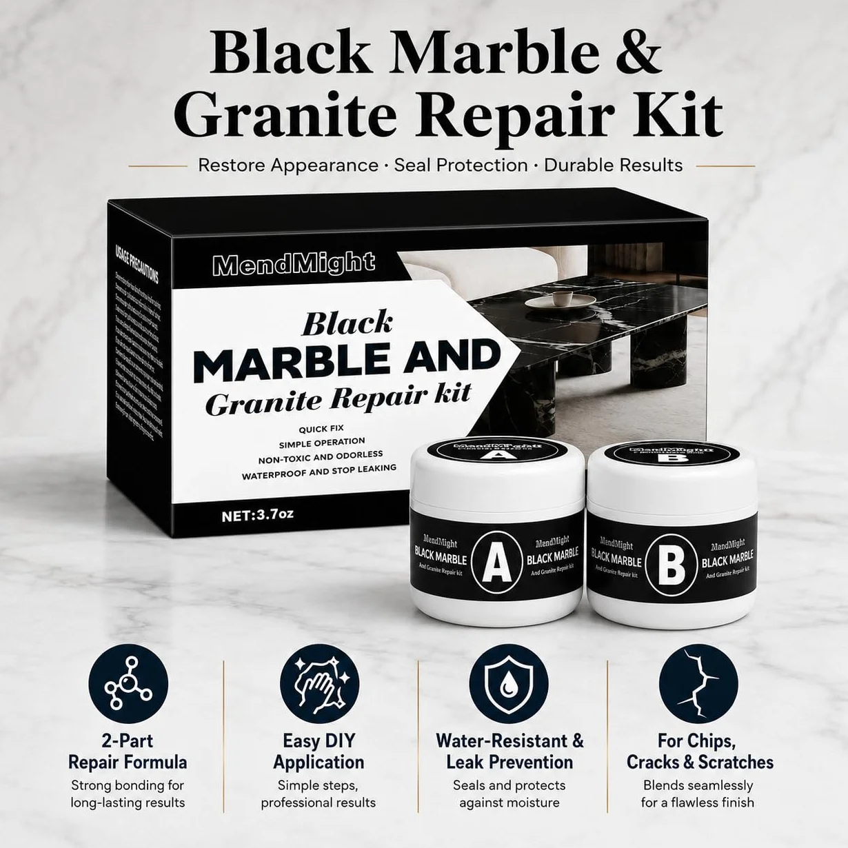 Kit Riparazione Piastrelle Nero, Colla per Ceramica, Stucco per Piastrelle, per Scheggiature, Crepe, Graffi su Granito, Marmo, Quarzo