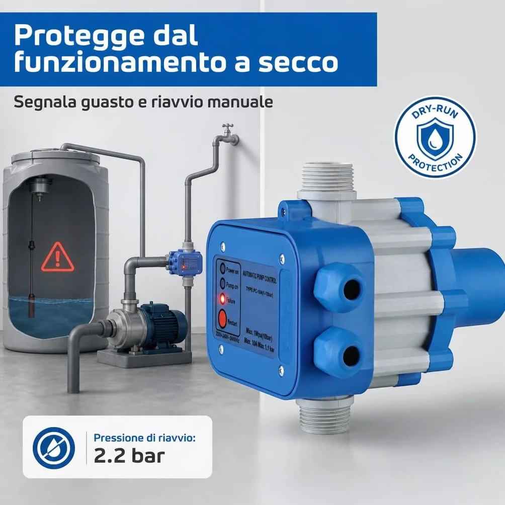 HM | Presscontrol regolatore di pressione per elettropompa, 2,2 bar, attacco 1" | Controllo elettronico automatico, protezione da funzionamento a secco, per sistemi idrici domestici
