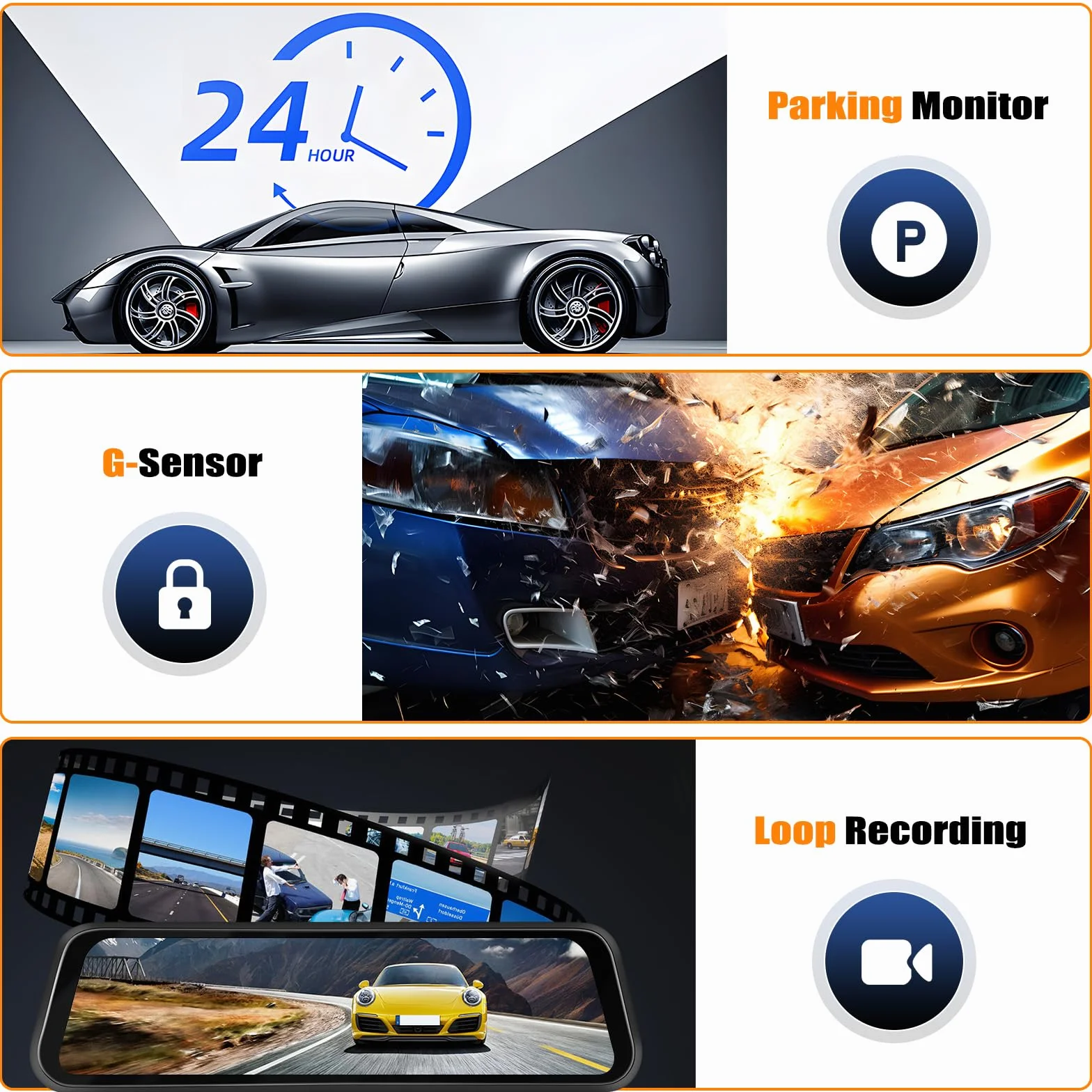 CAMECHO 9.66 Pollici 2K Mirror Dashcam Auto con 2 Telecamere 1080P, Anteriore 150° e Posteriore Dash Cam 120° con Linea inversa, Visione Notturna, Sensore G, Scheda da 64 GB WIFI APP