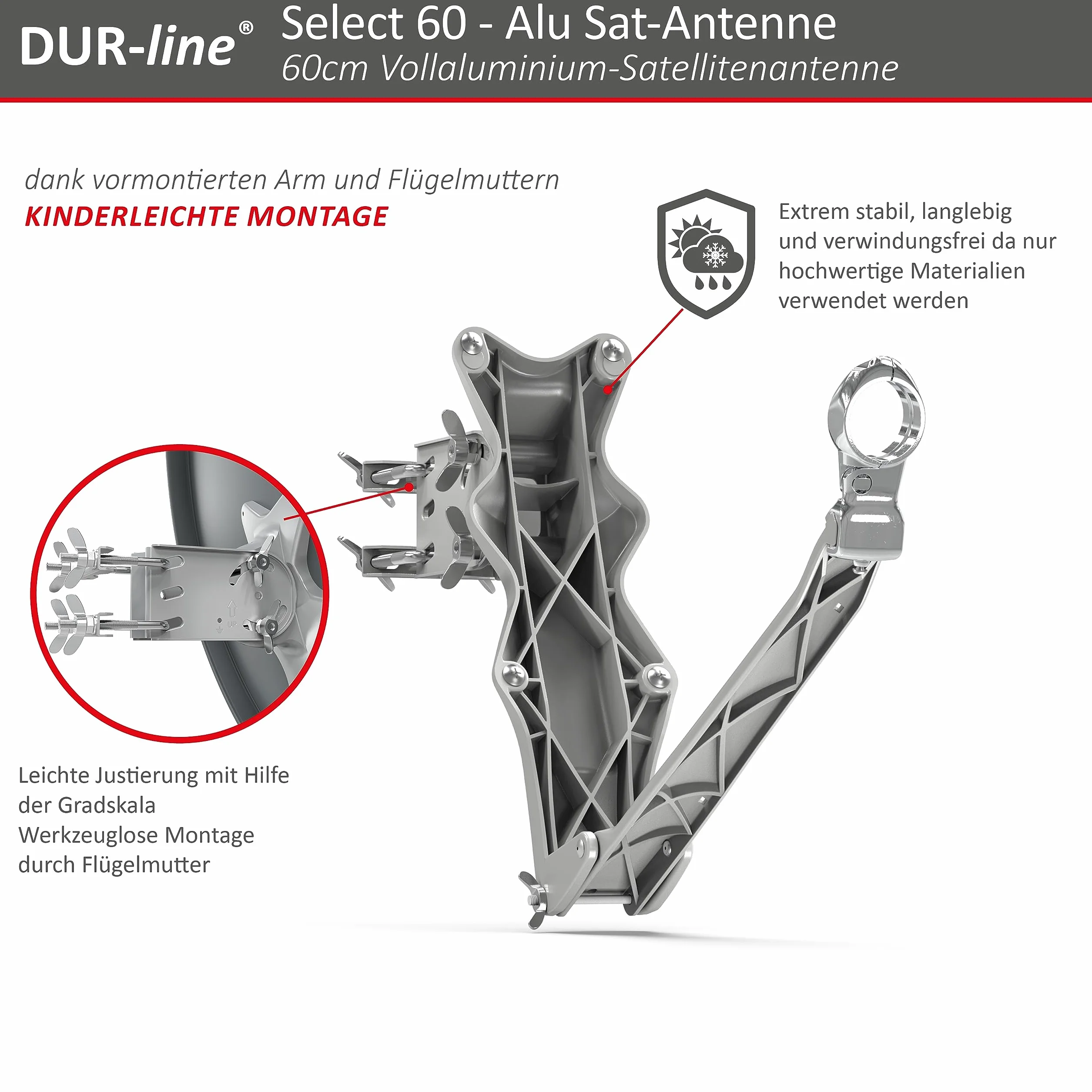 DUR-line Set da 4 partecipanti – Impianto satellitare in alluminio di alta qualità – Select 60 cm/65 cm specchio/ciotola antracite + Quad LNB – per 4 ricevitori/TV [Tecnologia all'avanguardia, DVB-S2,