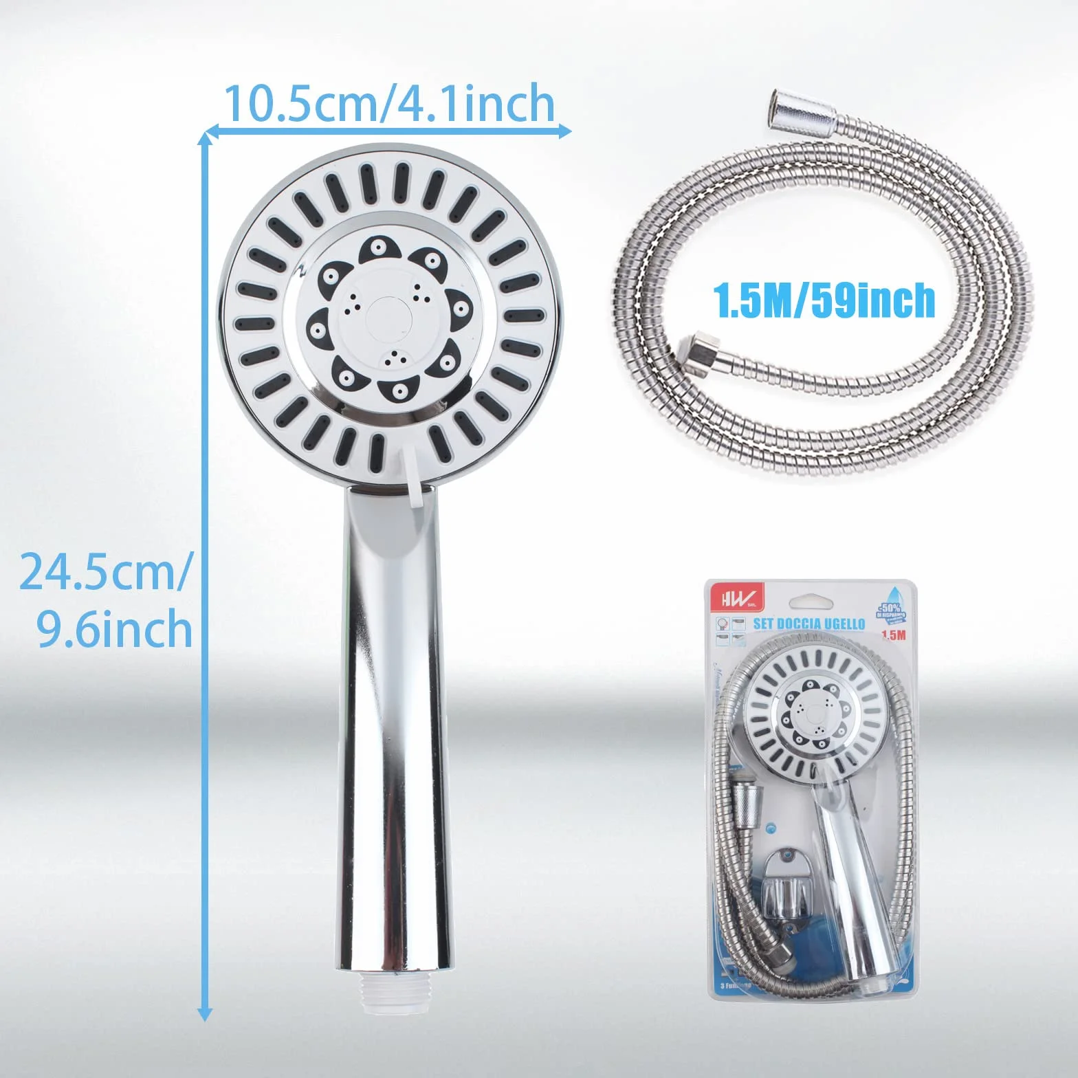 Soffione Multifunzionale+Tubo Doccia Universale 3 Modelli di Uscita,Ugello in Silicone Resistente al Calcare e Allo Sporco,Finitura Cromata,Facile da Installare e Pulire (Tre Marce-06605)