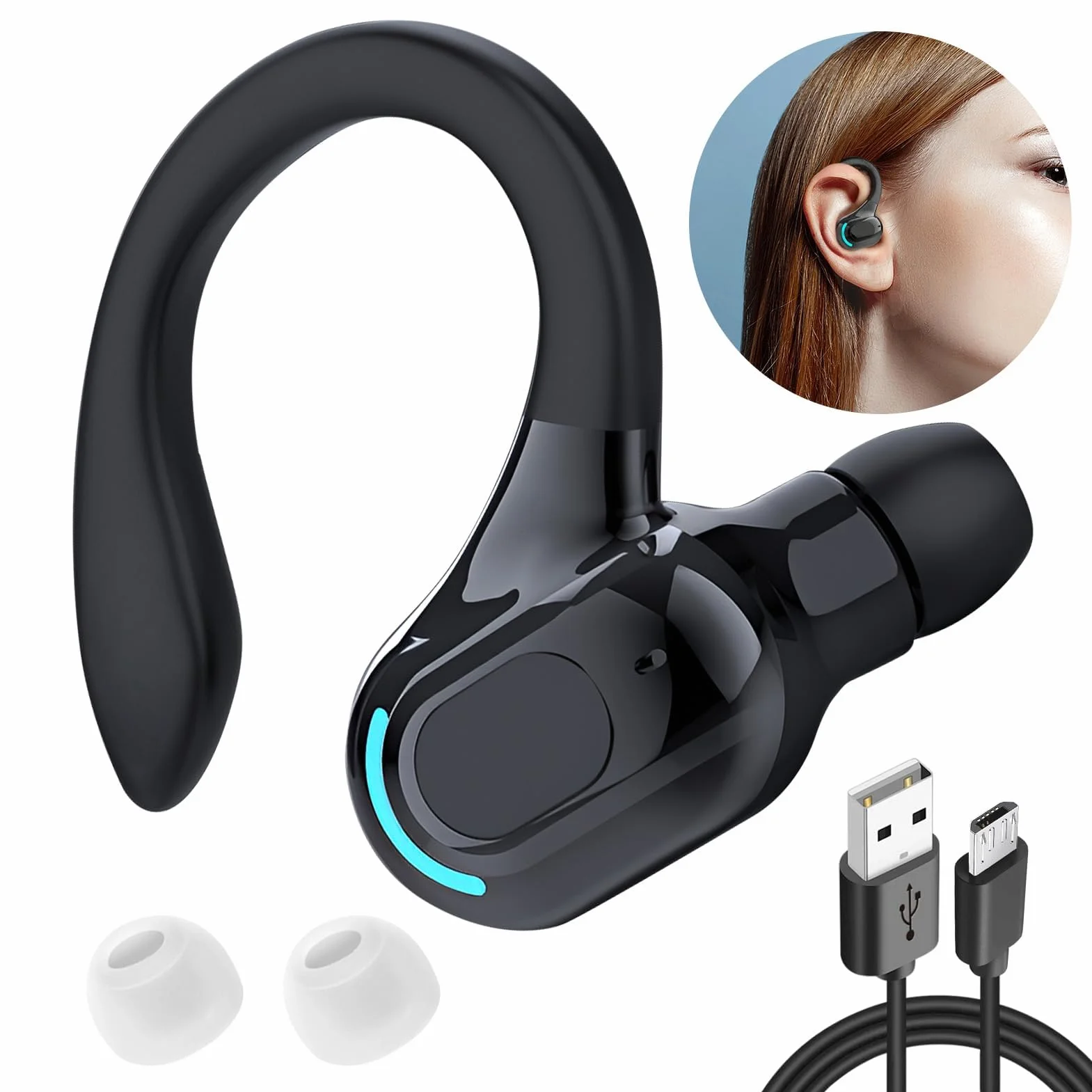 Auricolare Bluetooth V5.2 Singolo Senza Fili con Integrato Microfono Cuffie Mono Wireless Riduzione Rumore Sportivo Lungo Raggio HD Chiamata 20 Riproduzione per iPhone Android PC con Cavo di Ricarica