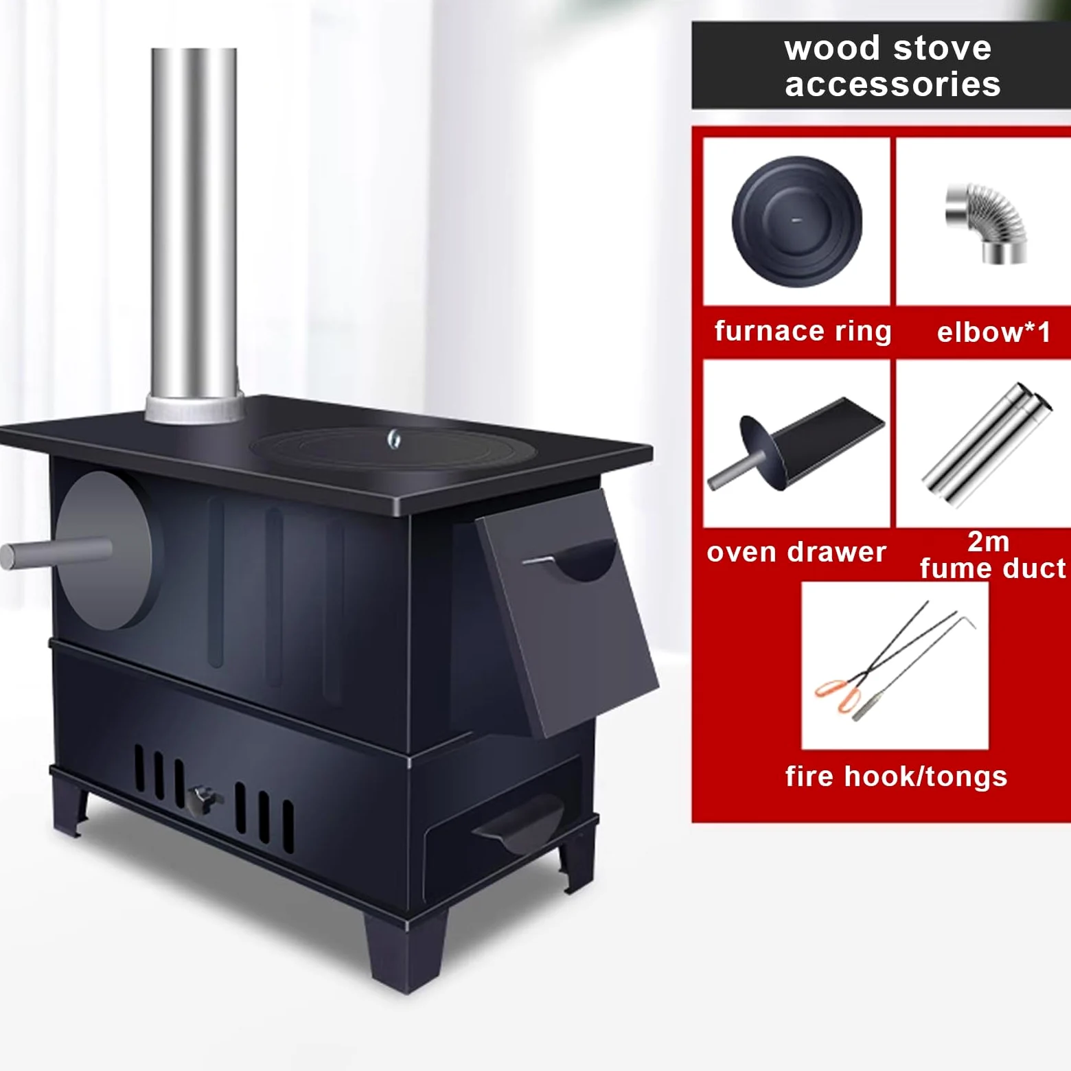 Stufe a Legna da Interno con Fornon e Tubi da Fumo Elevata Dissipazione del Calore, Stufa a Legna Multiuso per Riscaldamento, Cottura e Acqua, Nessuna Perdita di Fumo(60 * 40 * 46cm)