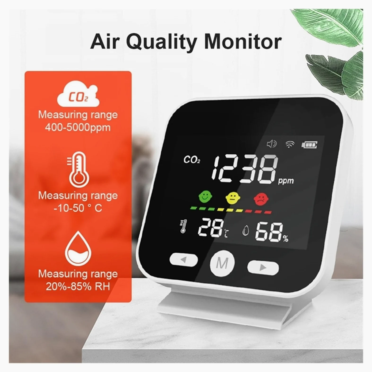 Misuratore Qualità dell'aria, Monitor a qualità 'aria Misuratore di anidride carbonica CO2 Rilevatore di misurazione 'umidità a temperatura Tester a infrarossi NDIR per Casa Cucina Ufficio Auto
