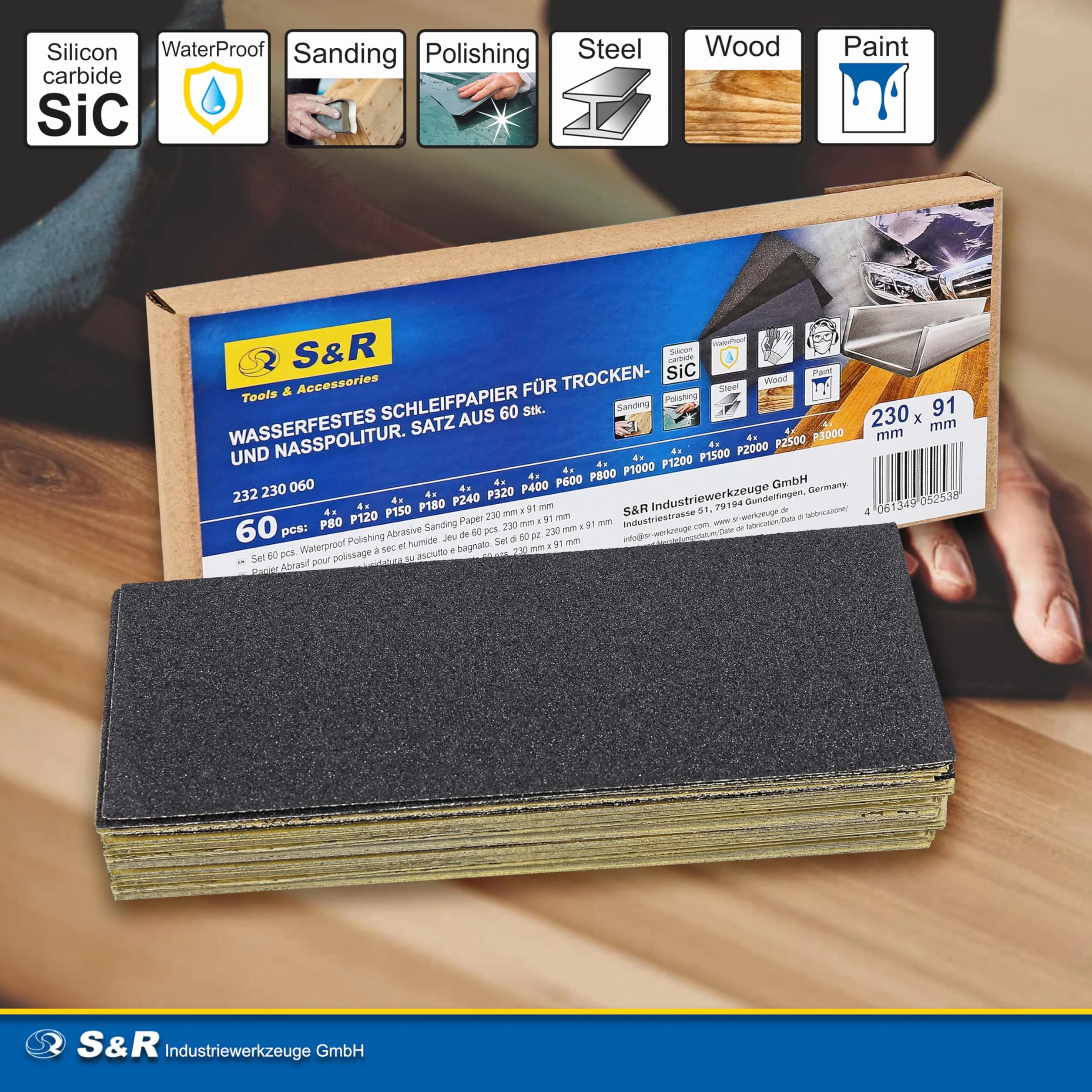 S&R Carta Vetrata Abrasiva Impermeabile 60pz Grana 80-3000 per Carrozzeria Legno Metallo