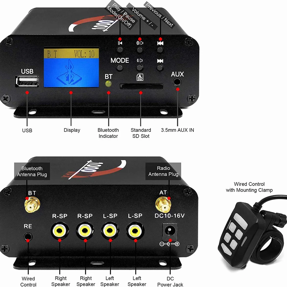 Amplificatore moto 1000 W, 4 canali, impermeabile, Bluetooth, per Harley Cruiser ATV UTV, sistema audio con AUX, USB, SD, FM Radio per manubrio