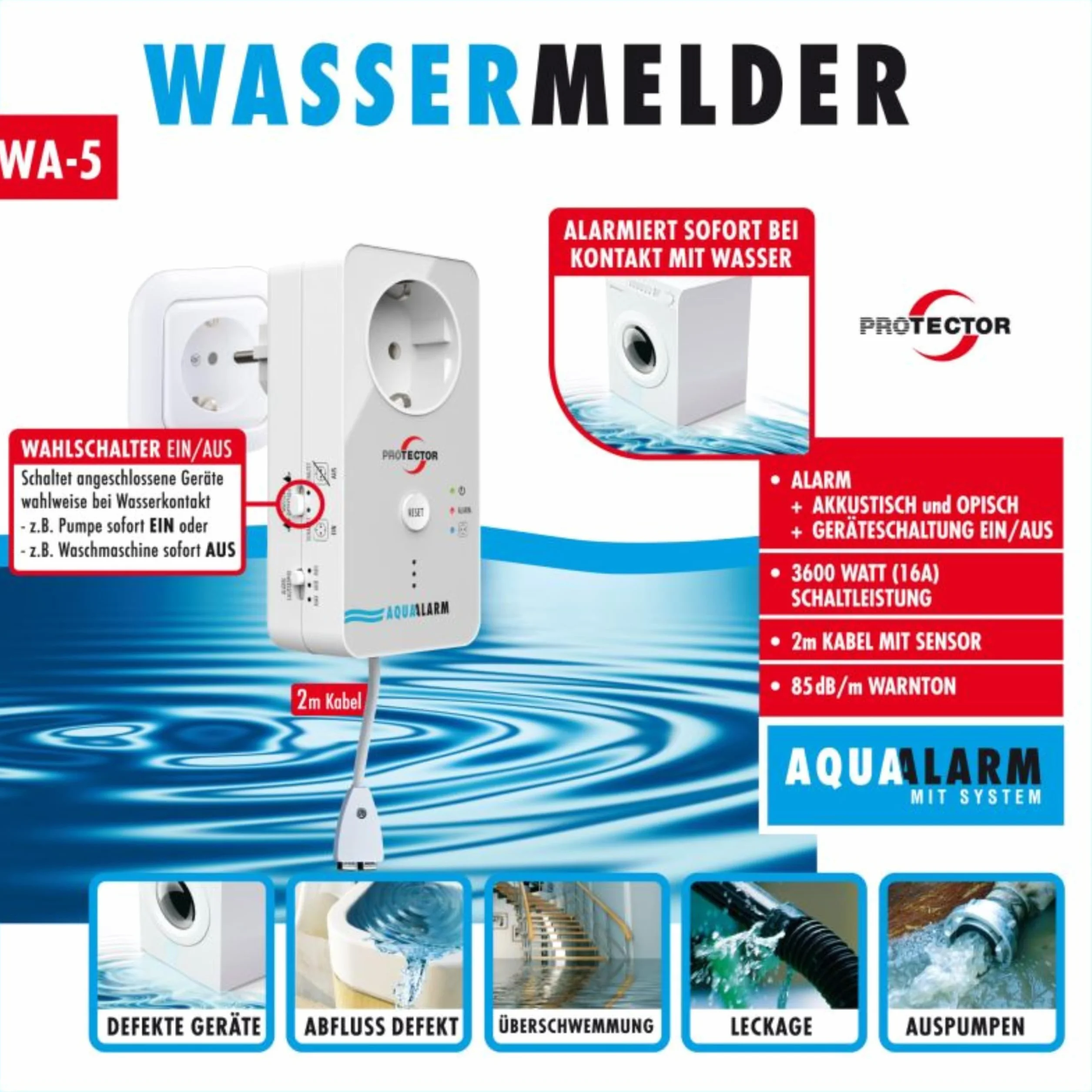 M-e modern-electronics WA-5 - Rilevatore d'acqua con sensore esterno alimentato a rete
