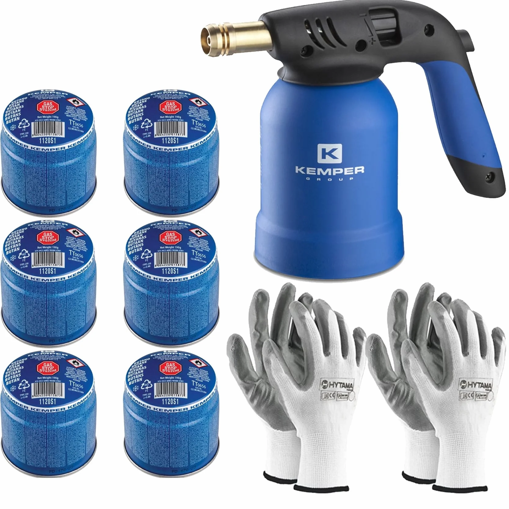Kemper Lampada per Saldare Cannello Accendifuoco Professionale 6 Bombole Gas Butano + Guanti