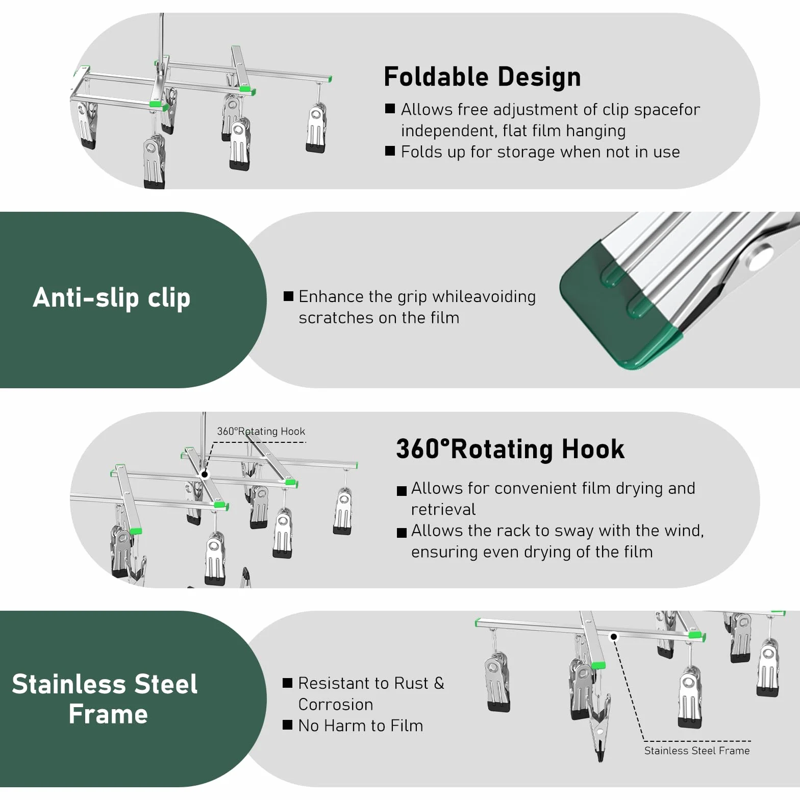 Darkroom Film Negative Drying Hanging Rack Frame Foldable Hanger Windproof 10 Clips for 35mm 120 4x5'' Film