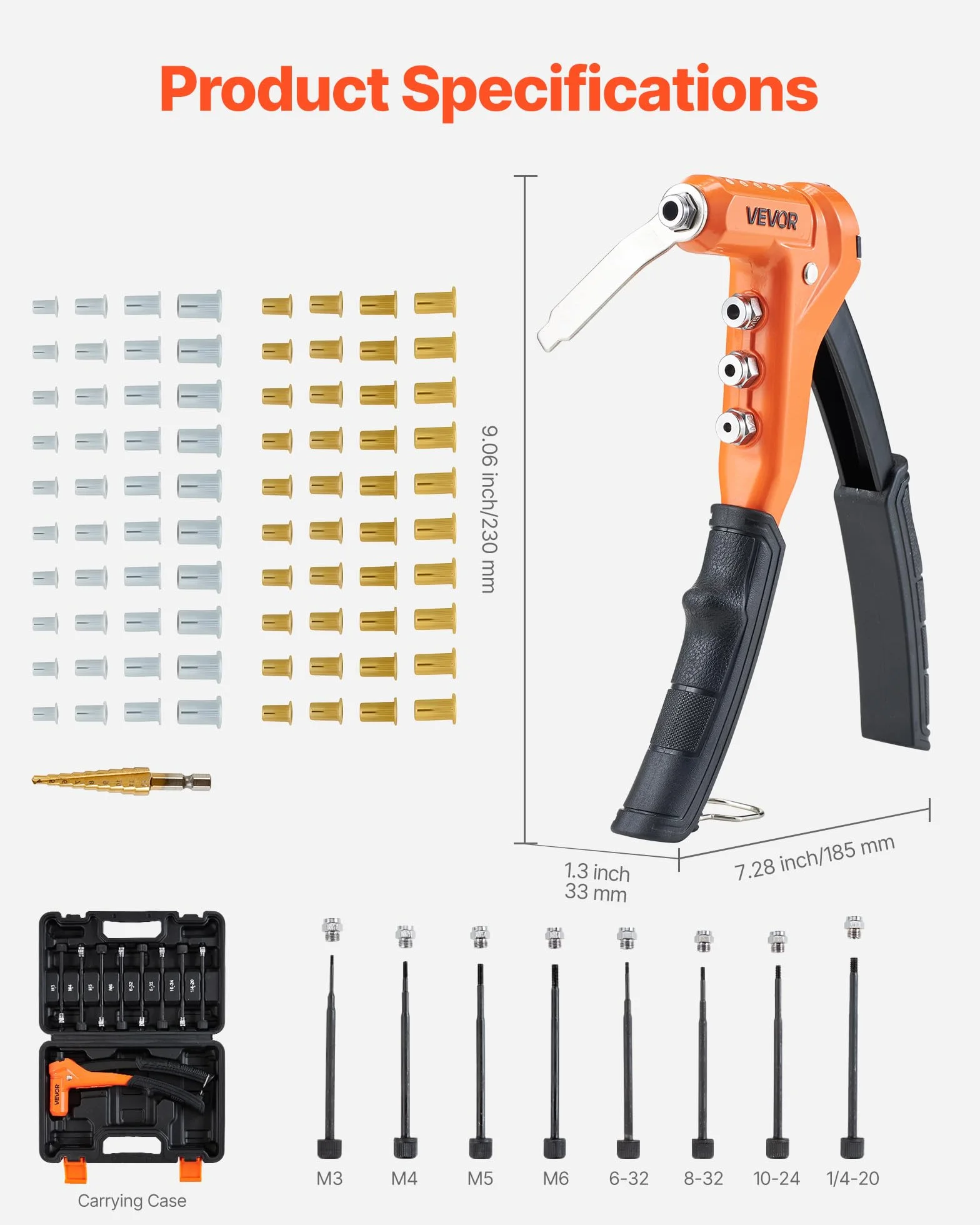 VEVOR Kit Rivettatrice per Filettati a Cricchetto 230 mm, 8 Mandrini, Punta per Trapano a Gradini, 80 Dadi, Custodia per Trasporto