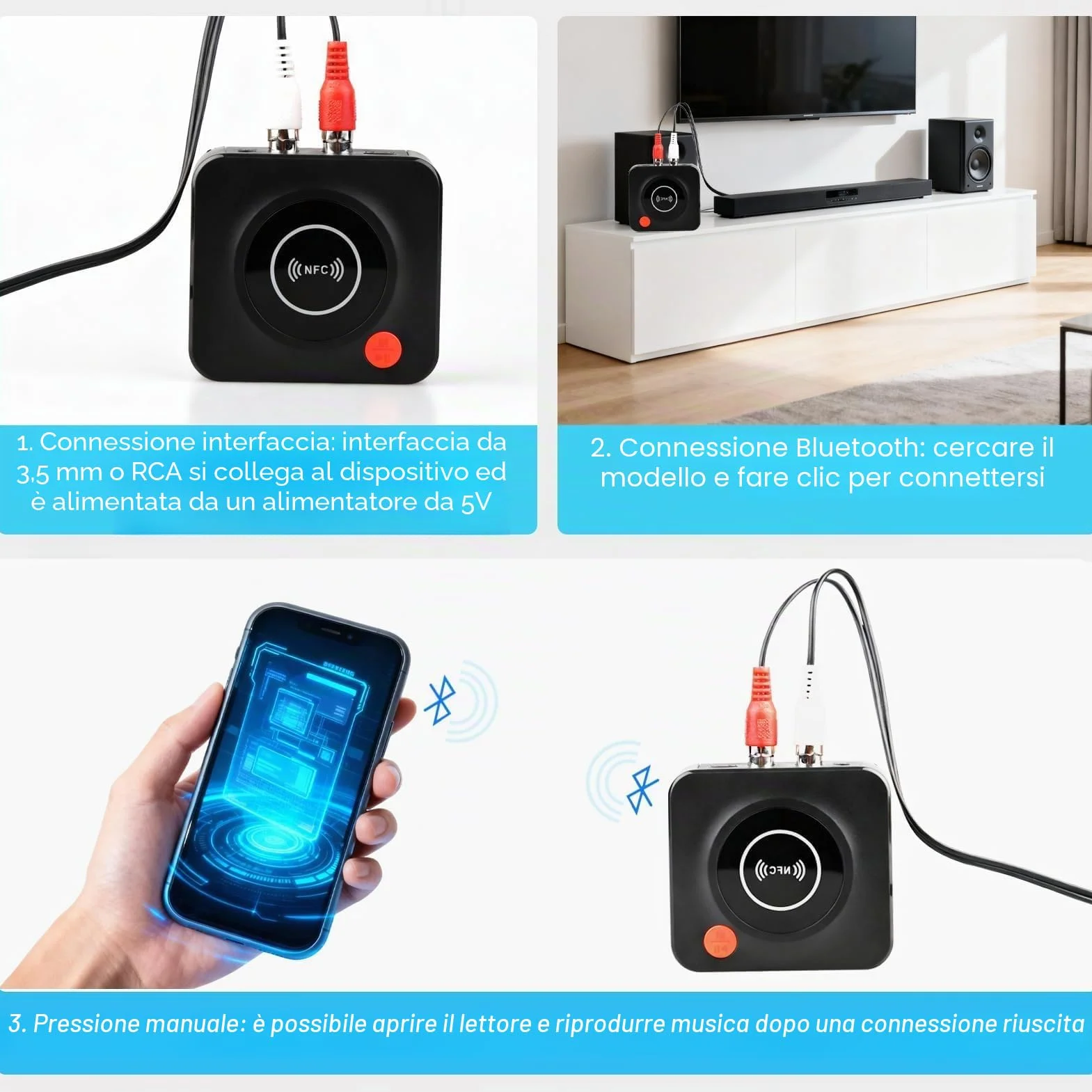 Ricevitore Bluetooth 5.3 HiFi, Adattatore Bluetooth AUX per Stereo Casa, Altoparlante, Amplificatore HiFi, con RCA/AUX Jack 3,5mm per Stereo Casa, Altoparlante, Amplificatore