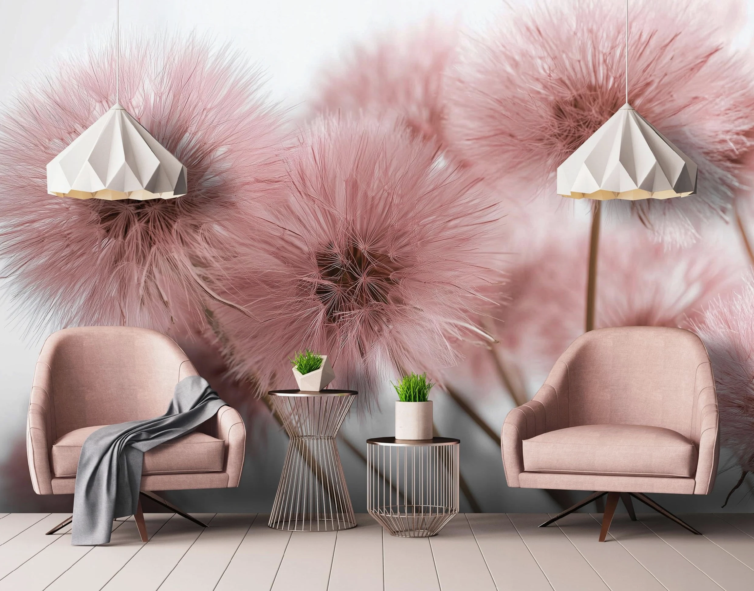 WallArena - Carta da parati fotografica - Boho 350x250 cm - Murale fotografico - Per soggiorno e camera da letto - Effetto 3D - con Colla - Fiori di tarassaco rosa naturale