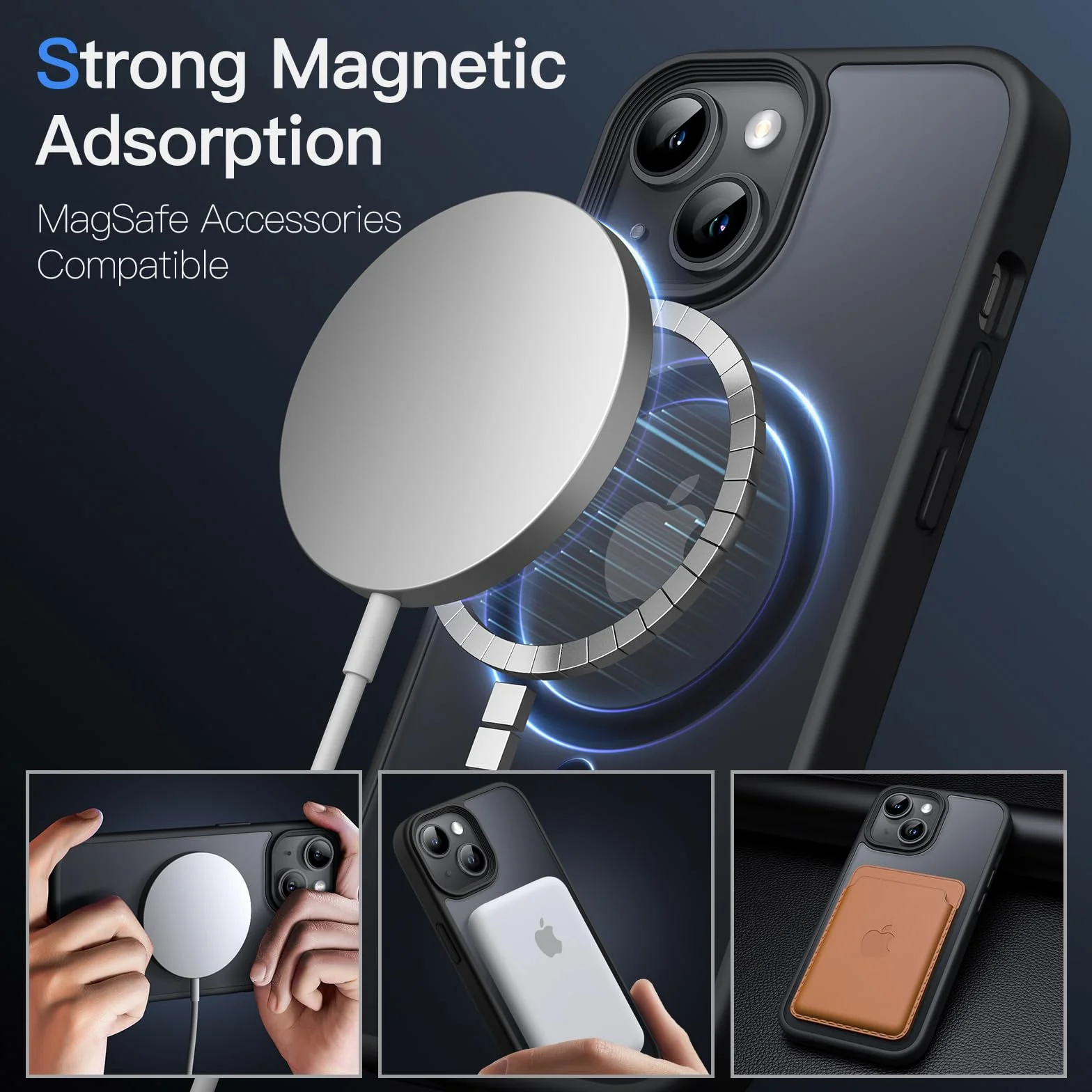 JETech Cover Magnetica per iPhone 15 6,1 Pollici Compatibile con MagSafe, Custodia Traslucida Opaca Posteriore Sottile Antiurto (Nero)
