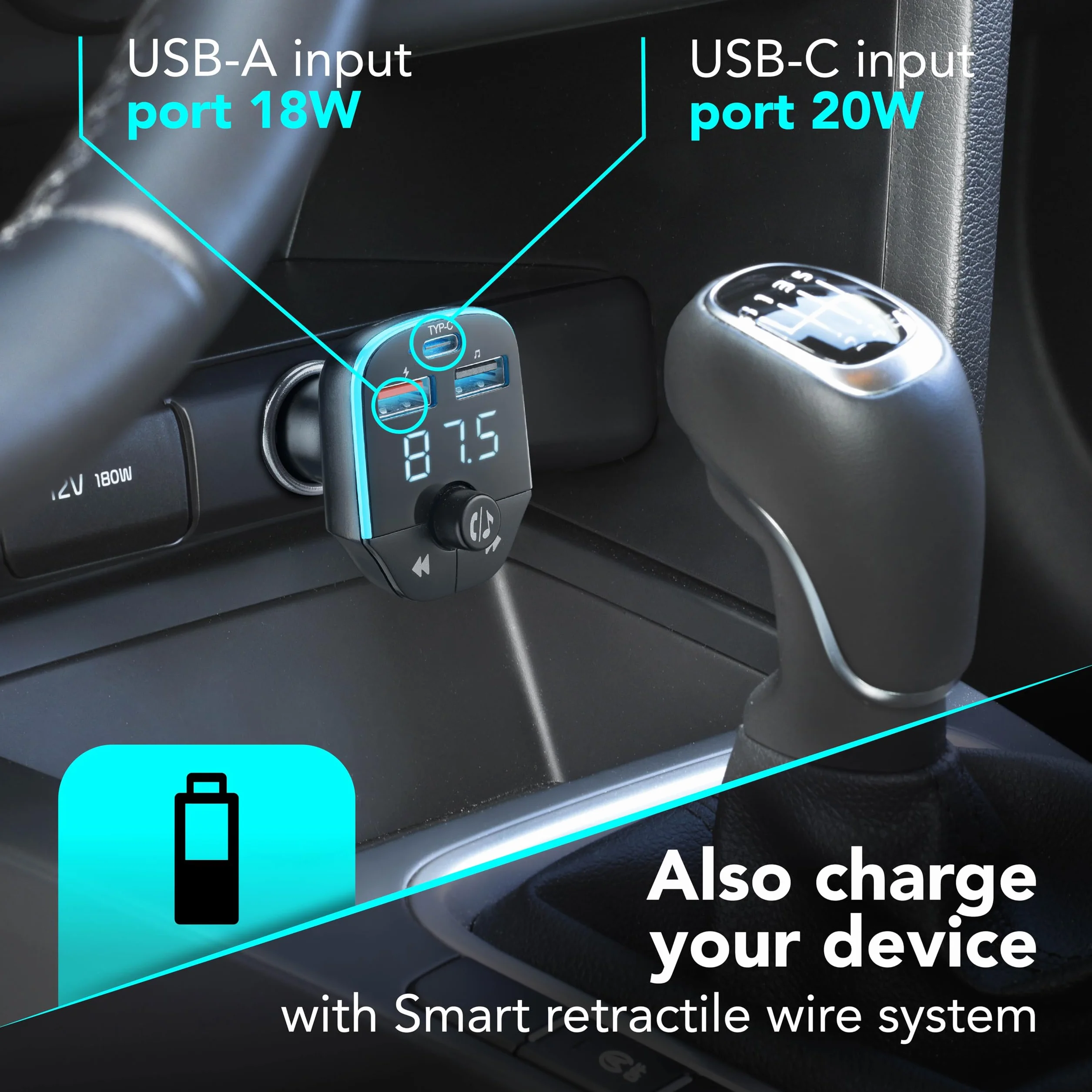 Cellularline - Car FM Transmitter - Trasmettitore FM Bluetooth® per autoradio - USB Music Player - Caricabatterie Auto 20W - Quick Charge 3.0 - Chiamate Hands Free - Luci RGB - Nero