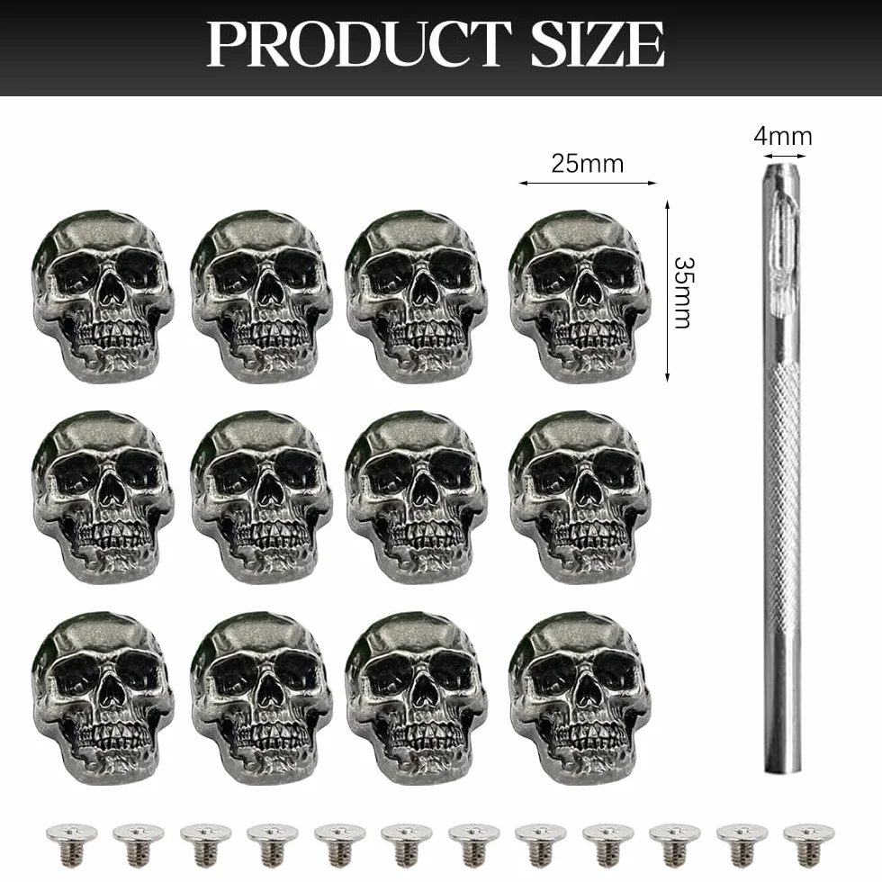 Borchie Teschio con Vite di Fissaggio 12 Pezzi Cranio Tappo Vite Borchie Punk per Borsa Vestiti Scarpe