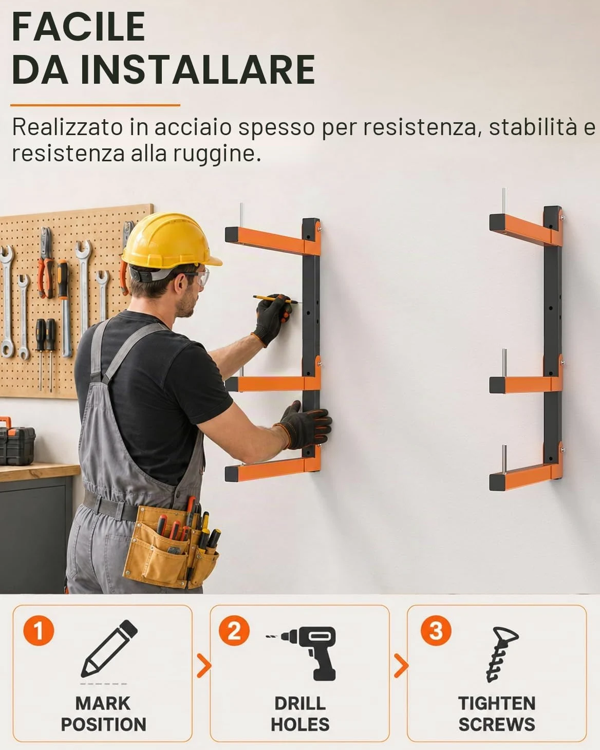 Acools Scaffale per legname, scaffale sopraelevato per garage, supporto da parete resistente, 2 scaffali in legno per organizzare e riporre negozi, organizer da parete in garage (confezione da 4)
