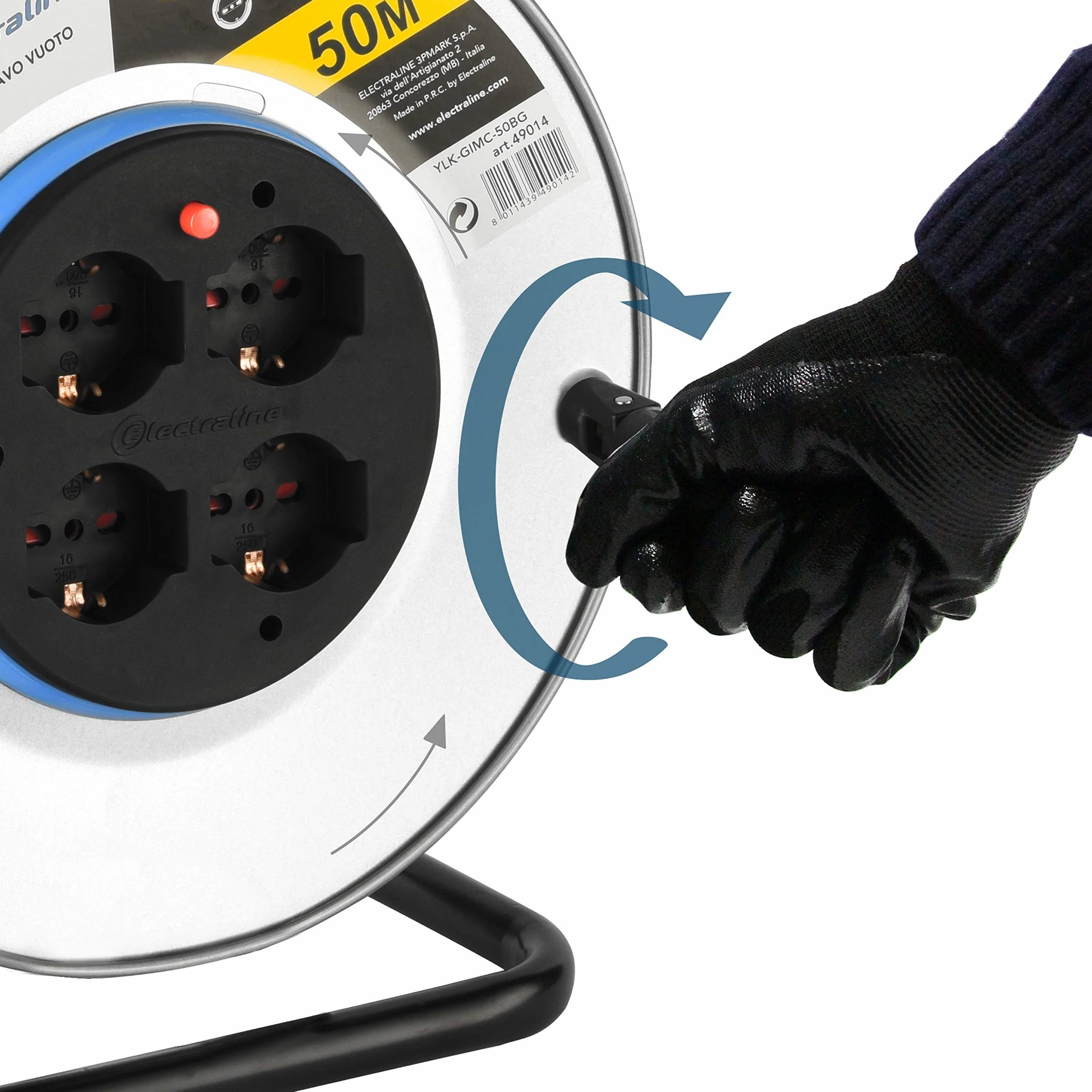 Electraline 49014 Avvolgicavo, Avvolgi-Prolunghe senza cavo in metallo antiruggine con 4 prese 10/16A italiane + Schuko, diametro 290mm per uso professionale