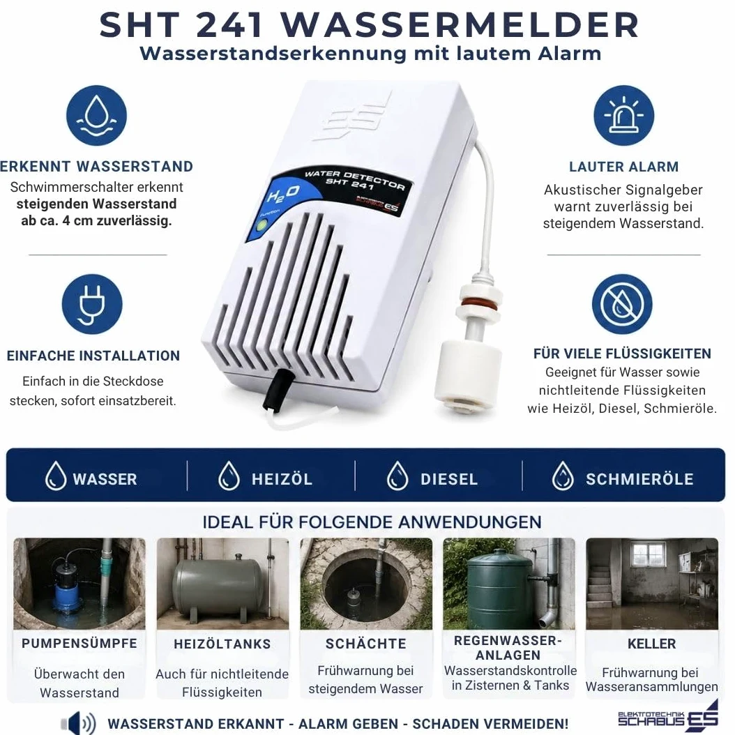 SCHABUS SHT 241 - Rilevatore d'acqua 230 V con mini interruttore galleggiante - allarme acustico e ottico, linea sensore 2,5 m, per acqua sporca, olio combustibile, monitoraggio cisterna