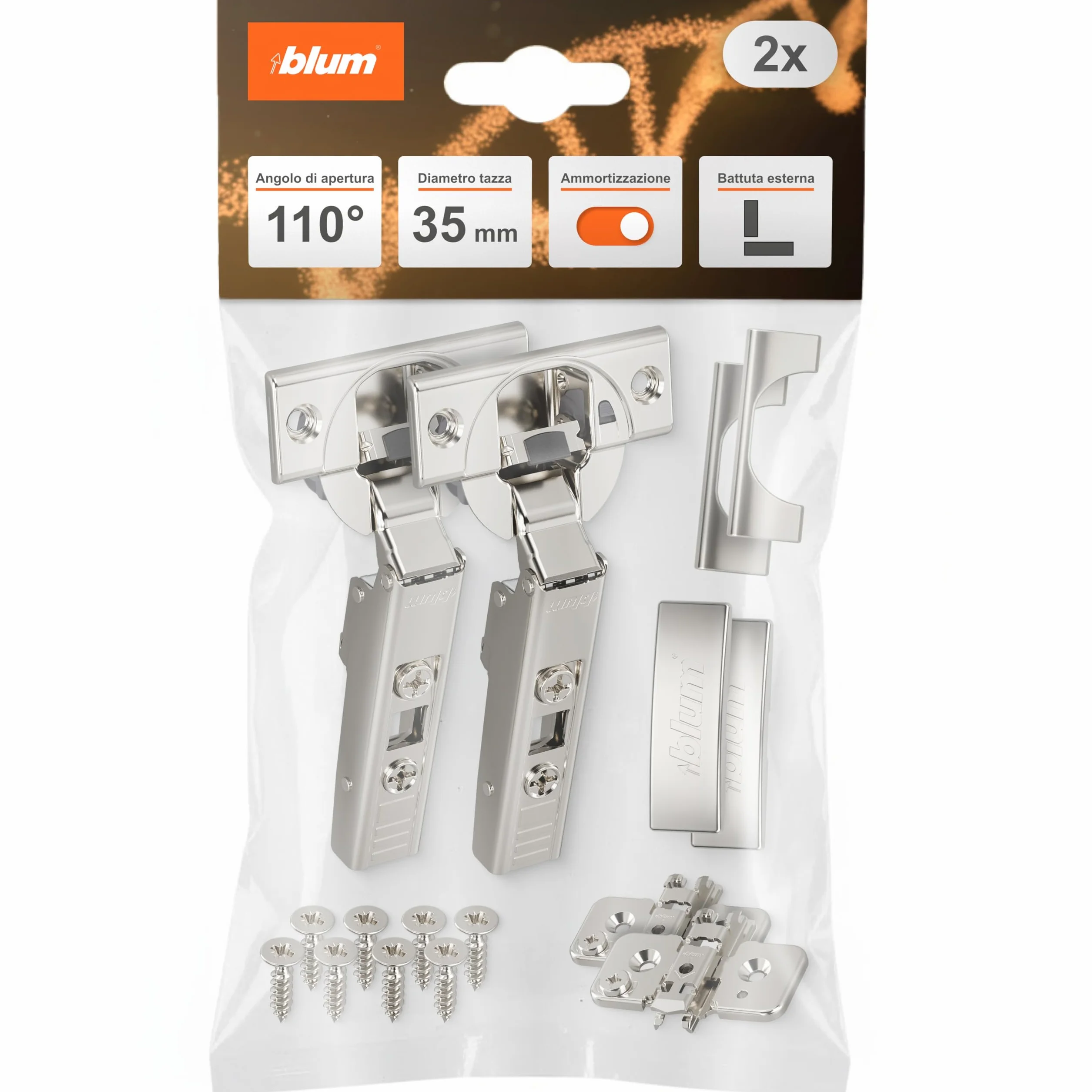 BLUM CLIP TOP BLUMOTION - 2 cerniere per mobili a 110°, dritte con molla, viti, arresto angolare + clip blu, piastra di montaggio a croce eccentrica, acciaio, viti, distanza 0 mm