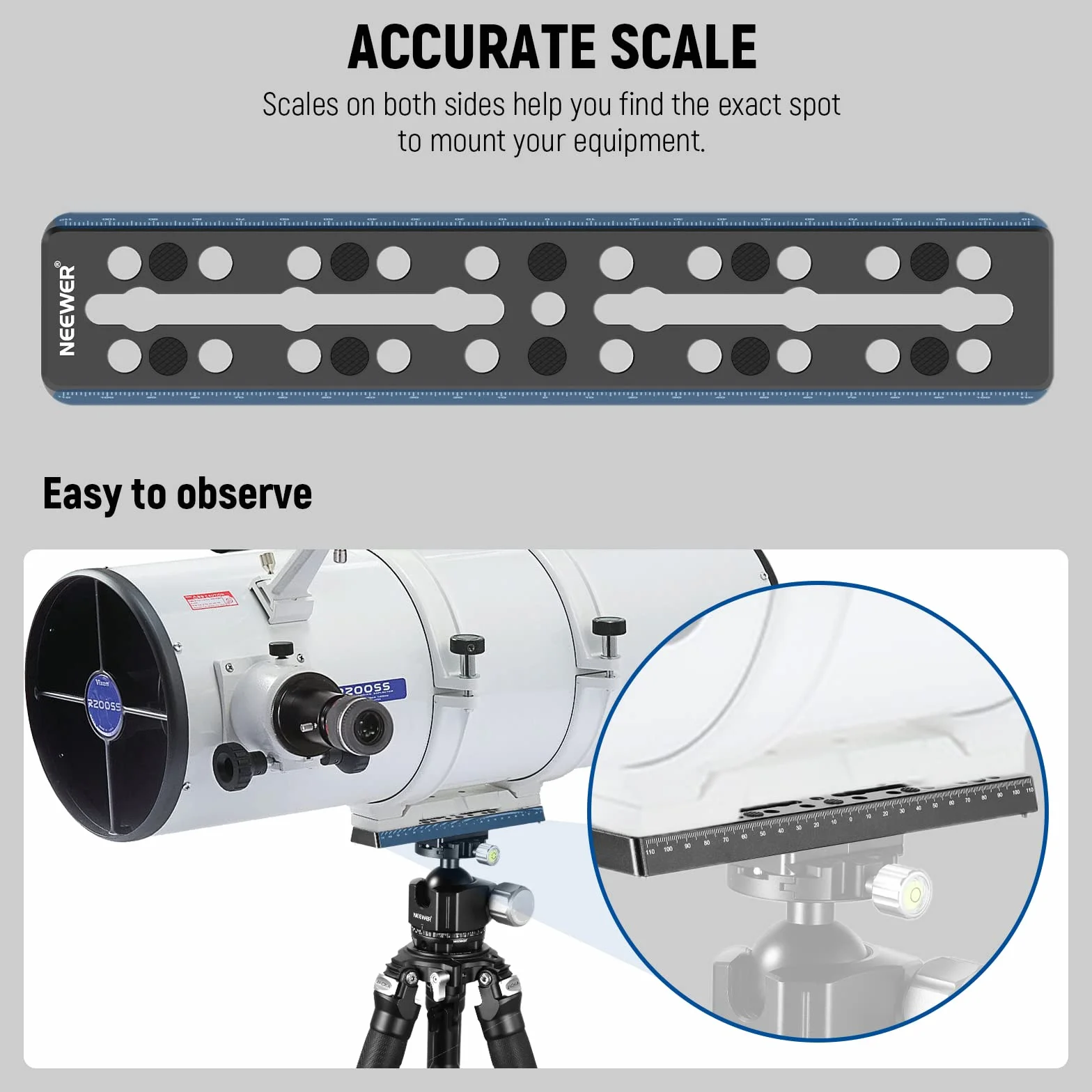 NEEWER 230mm Barra di Guida Piastra a Coda di Rondine Stile Vixen, Piastra di Montaggio in Metallo Sella con M6 1/4" 3/8" Vite per Telescopio Adattatore OTA Equatoriale Treppiede Astrofotografia,QR003