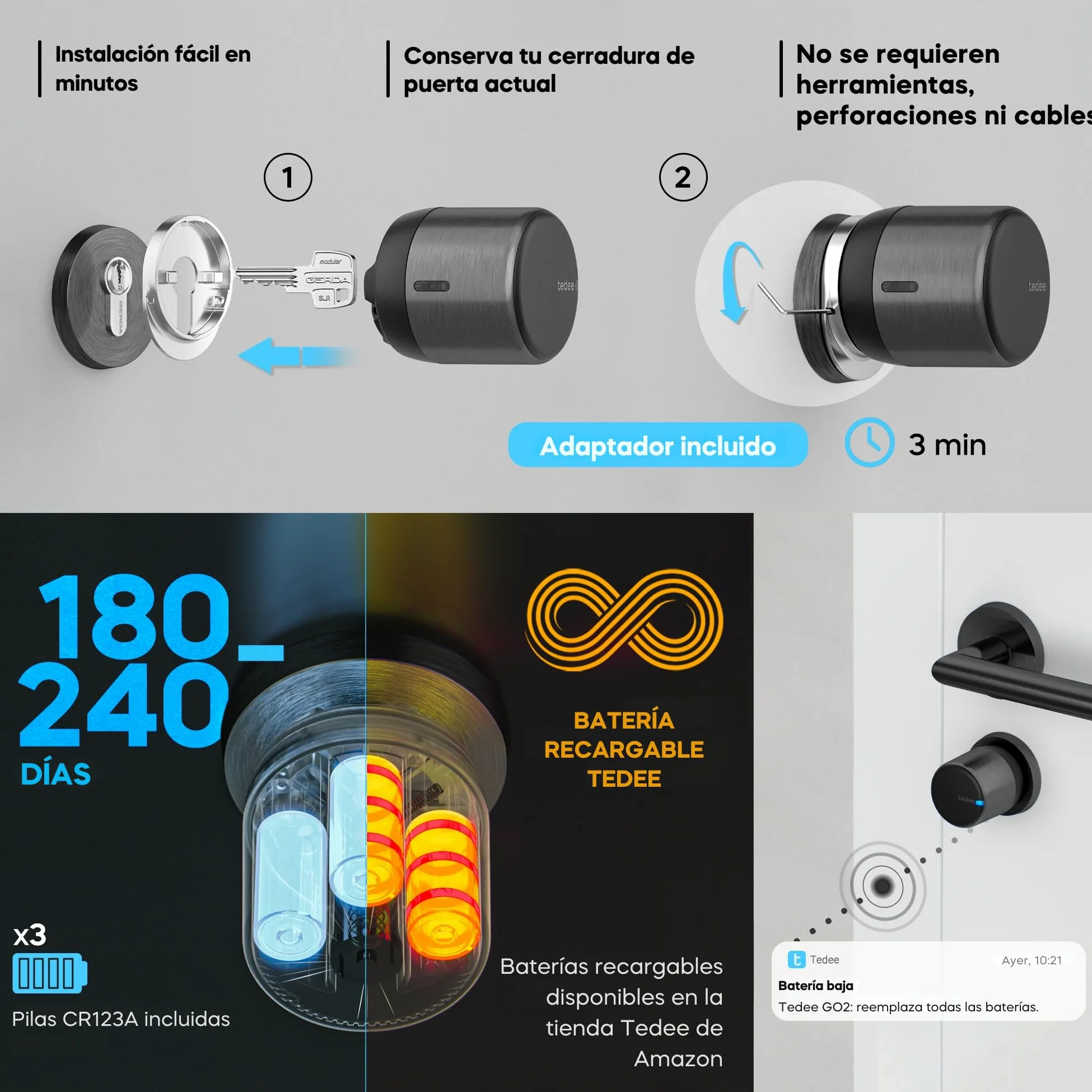 tedee GO2 Alu Serratura Smart WiFi con Impronta Digitale e Accesso Remoto | Sblocco Automatico | Serratura Elettronica Senza Cambio Cilindro | Compatibile con Matter, Alexa, Google Home, Apple HomeKit