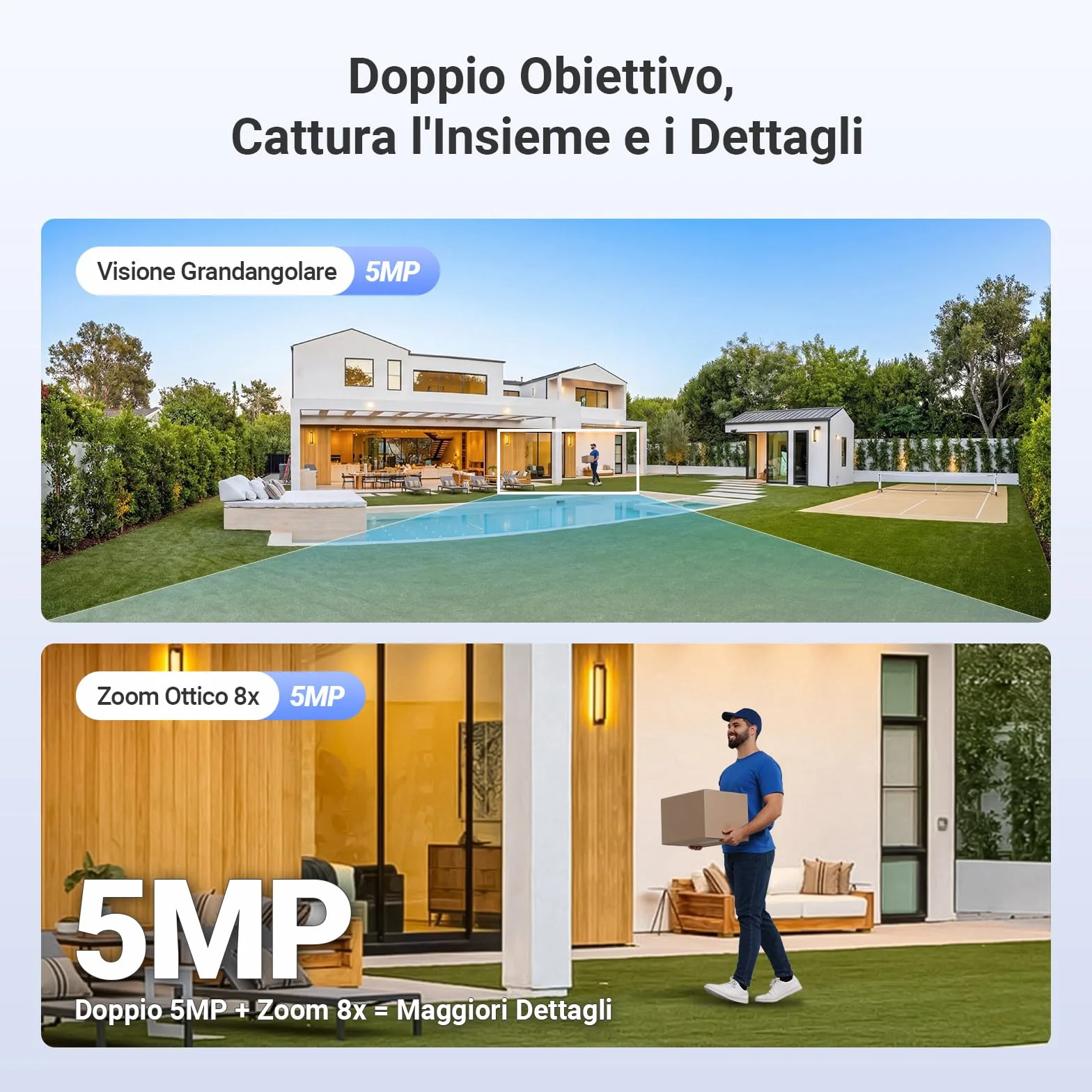 EZVIZ 10MP (5MP+5MP) Telecamera WiFi Esterno con Doppia Lente, Telecamera per Esterni a 360°, Visione Notturna a Colori, Rilevamento Persone/Veicoli, Audio Bidirezionale, Impermeabile, C9c Dual 3K