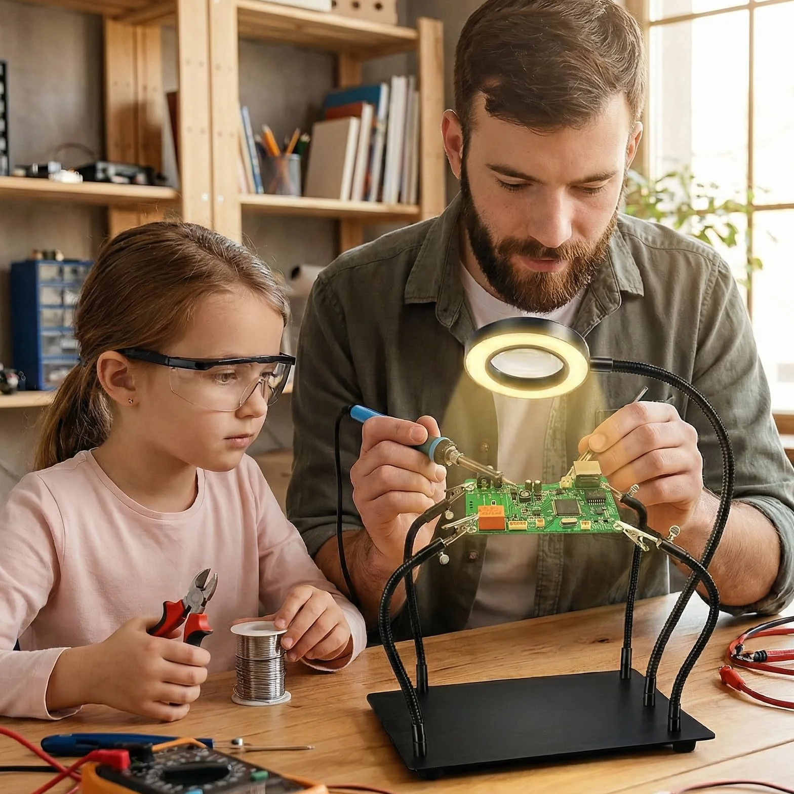 Terza Mano per Saldatura 6X Lente d‘Ingrandimento LED 4 Bracci Flessibili Portal circuiti Stazione Saldante per Elettronica Gioielleria Hobby