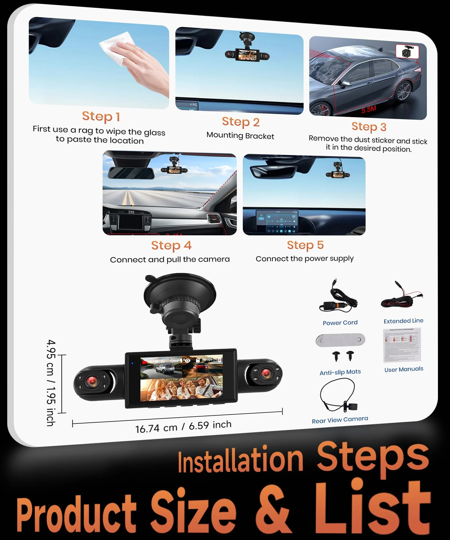 Rimoody 4 Canali Dashcam Auto 360°, 4 Telecamera HD 1080P Anteriore e Posteriore Sinistra Destra, 3 Pollici IPS Schermo Dash Cam con Visione Notturna 8 IR/Loop Video/24H Parcheggio Monitor