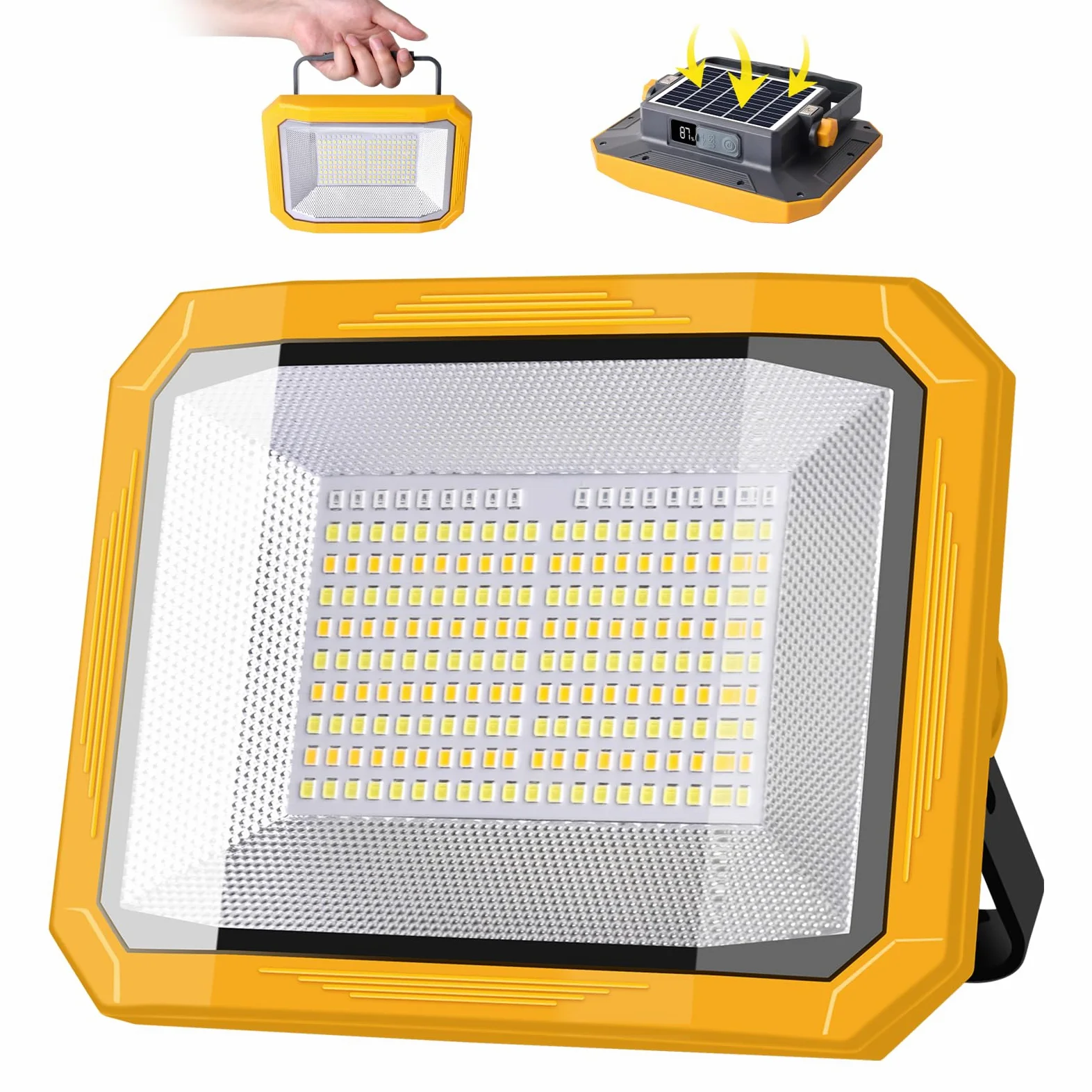 Faro LED Ricaricabile Solare, 10000LM, 7800mAh, 4 Modalità di Luce | 60W, Uscita USB, Base Magnetica, Luce Rossa e Blu, IP54, Leggero & Portatile per Campeggio, Pesca, Emergenze, e Garage